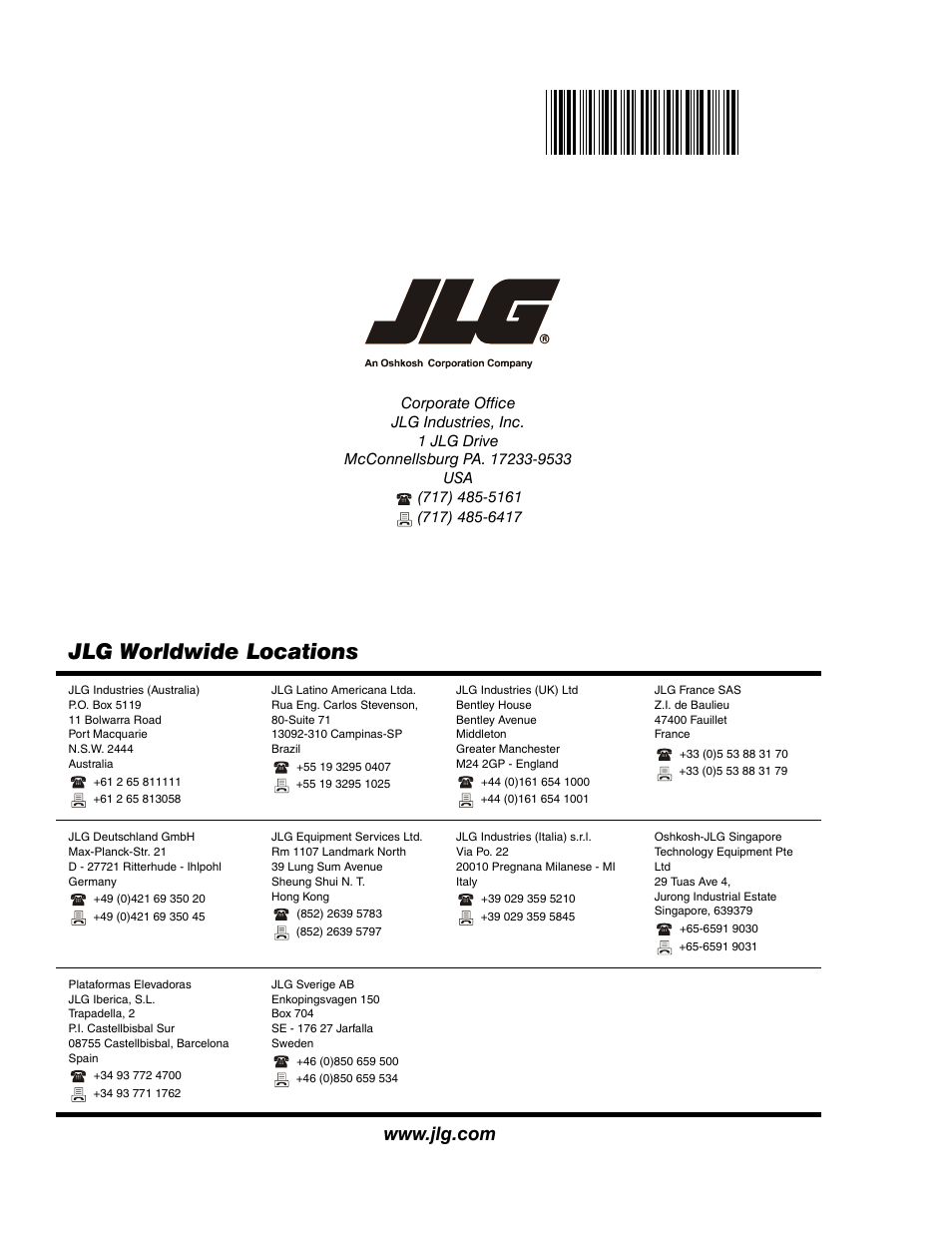 Jlg worldwide locations | JLG 3246E2 Parts Manual User Manual | Page 222 / 222