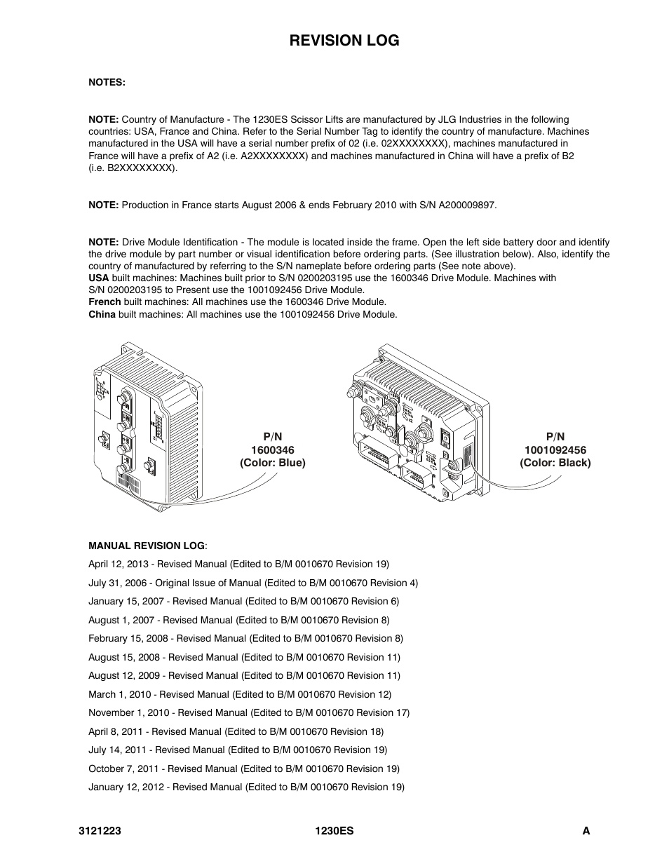 Revision log | JLG 1230ES Parts Manual User Manual | Page 3 / 116