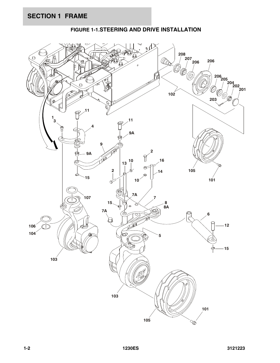 Figure 1-1. steering and drive installation, Steering and drive installation, Figure 1-1 | JLG 1230ES Parts Manual User Manual | Page 8 / 116