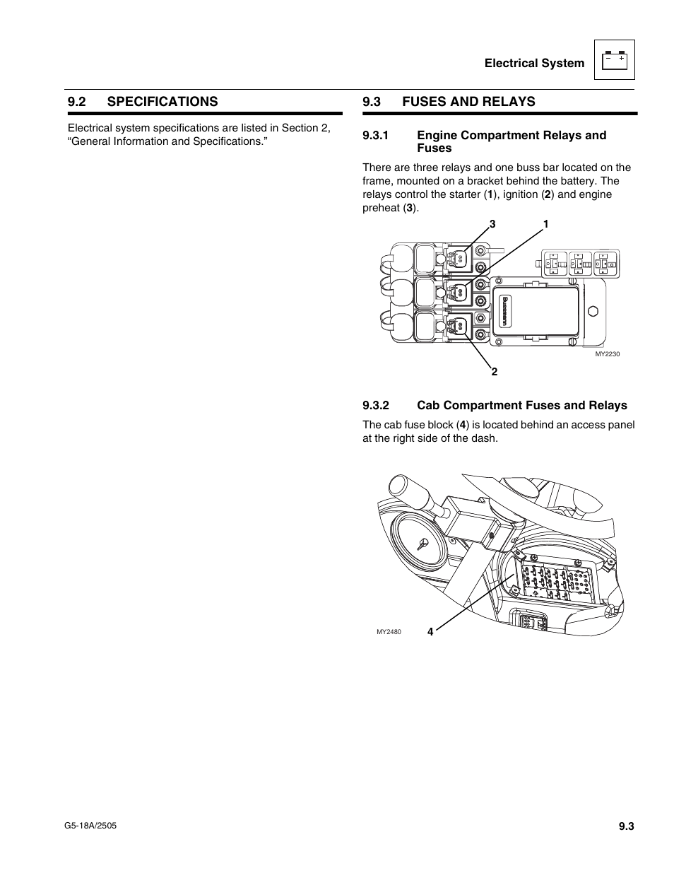 2 specifications, 3 fuses and relays, 1 engine compartment relays and fuses | 2 cab compartment fuses and relays, Specifications, Fuses and relays, Engine compartment relays and fuses, Cab compartment fuses and relays | JLG G5-18A Service Manual User Manual | Page 103 / 128