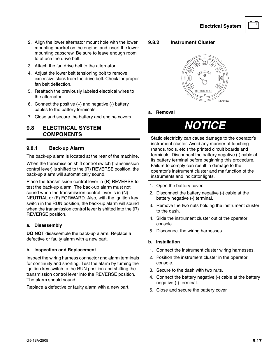 8 electrical system components, 1 back-up alarm, 2 instrument cluster | Electrical system components, Back-up alarm, Instrument cluster, Notice | JLG G5-18A Service Manual User Manual | Page 117 / 128
