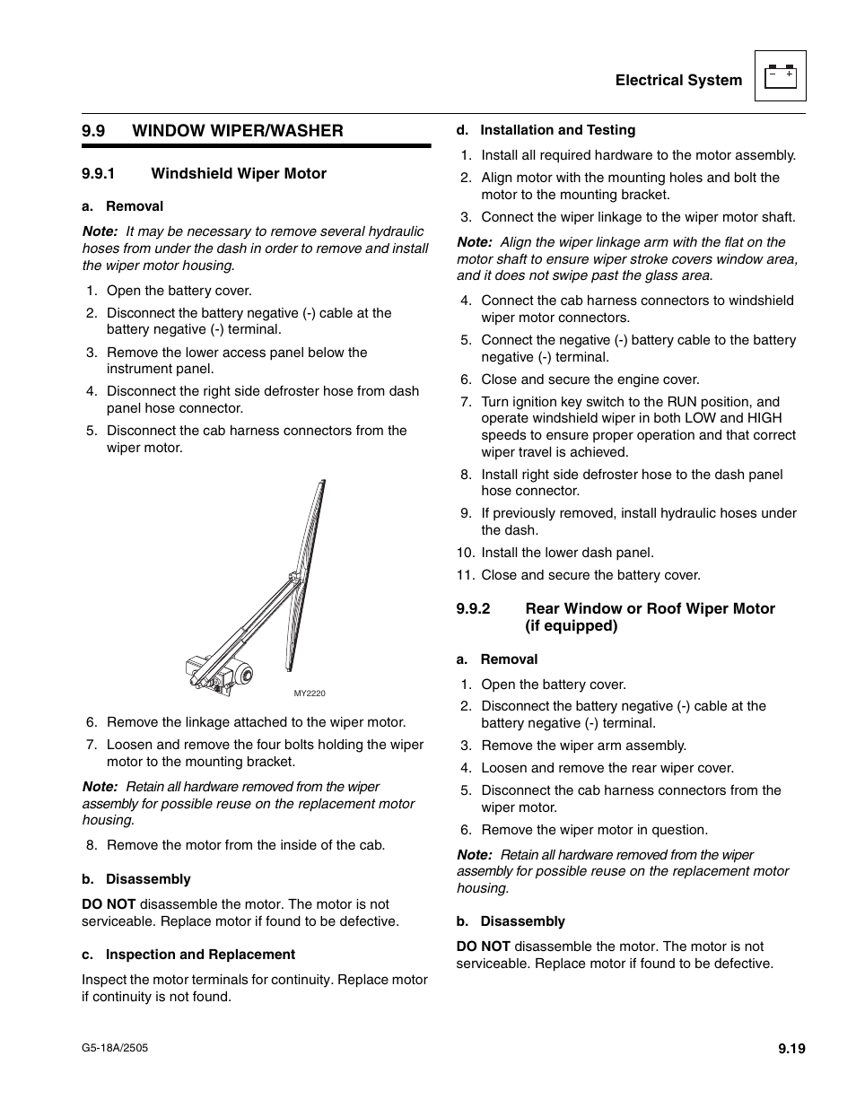 9 window wiper/washer, 1 windshield wiper motor, 2 rear window or roof wiper motor (if equipped) | Window wiper/washer, Windshield wiper motor, Rear window or roof wiper motor (if equipped) | JLG G5-18A Service Manual User Manual | Page 119 / 128