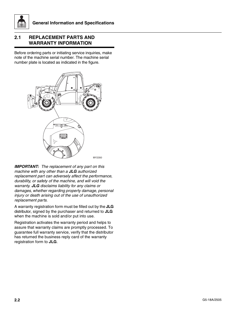 1 replacement parts and warranty information, Replacement parts and warranty information | JLG G5-18A Service Manual User Manual | Page 12 / 128