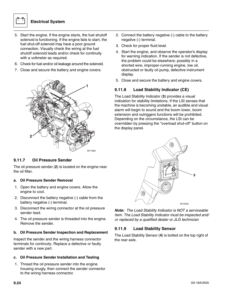 7 oil pressure sender, 8 load stability indicator (ce), 9 load stability sensor | Oil pressure sender | JLG G5-18A Service Manual User Manual | Page 124 / 128