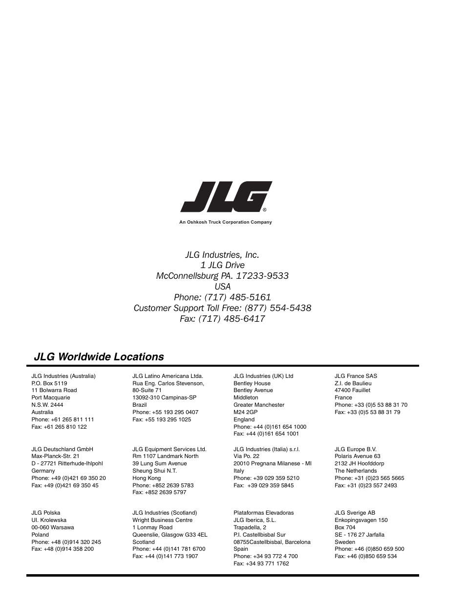 Jlg worldwide locations | JLG G5-18A Service Manual User Manual | Page 128 / 128