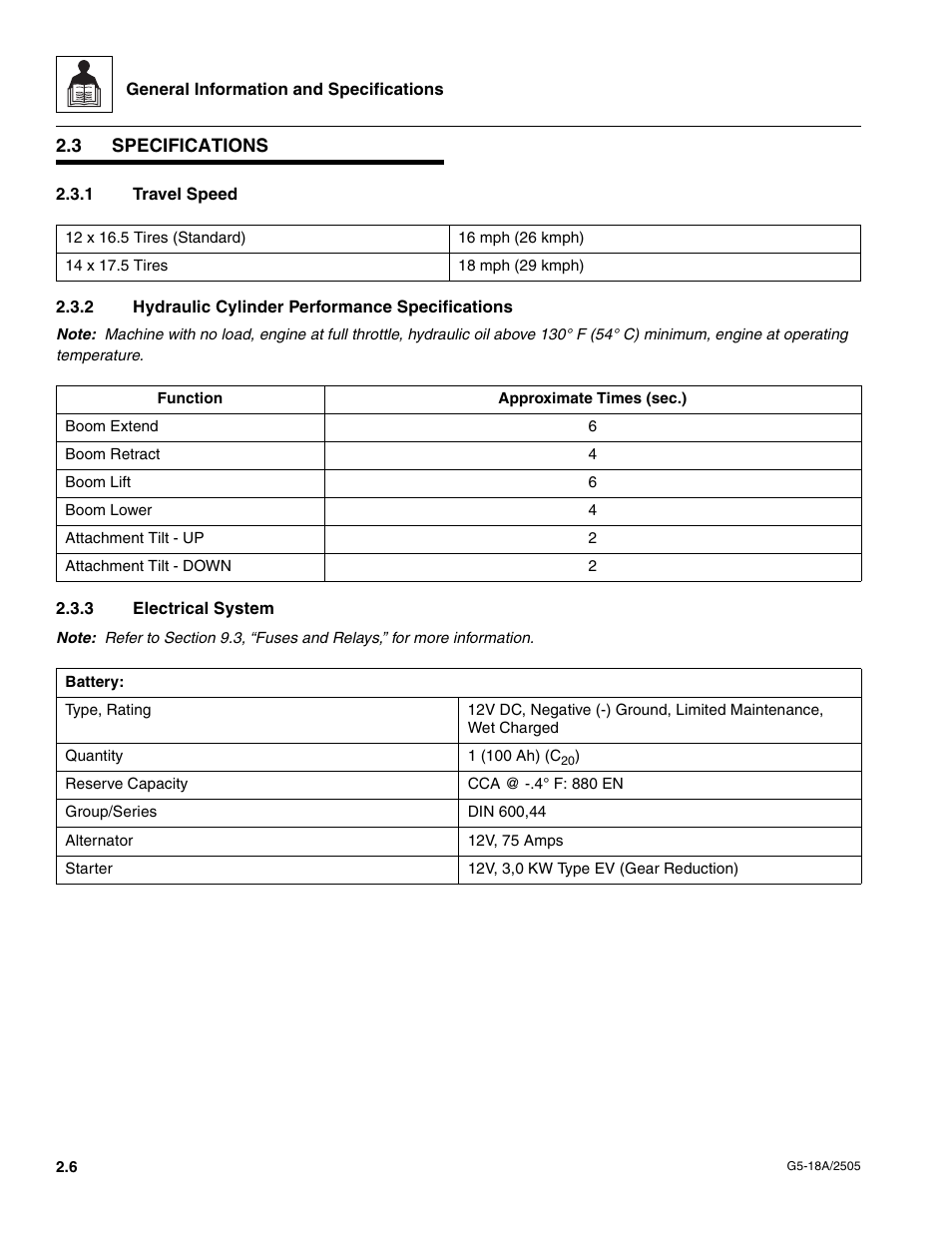 3 specifications, 1 travel speed, 2 hydraulic cylinder performance specifications | 3 electrical system, Specifications, Travel speed, Hydraulic cylinder performance specifications, Electrical system | JLG G5-18A Service Manual User Manual | Page 16 / 128