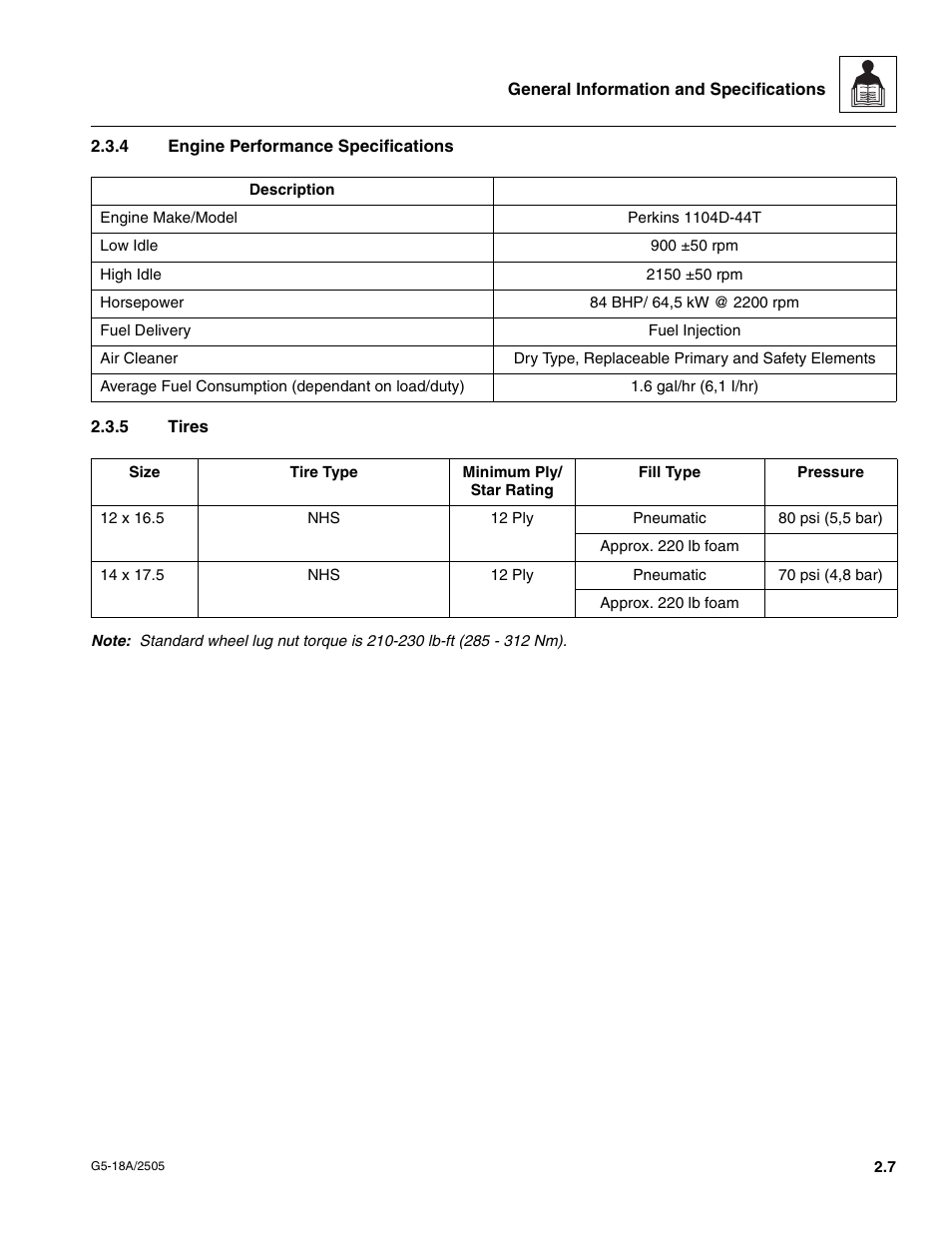 4 engine performance specifications, 5 tires, Engine performance specifications | Tires | JLG G5-18A Service Manual User Manual | Page 17 / 128