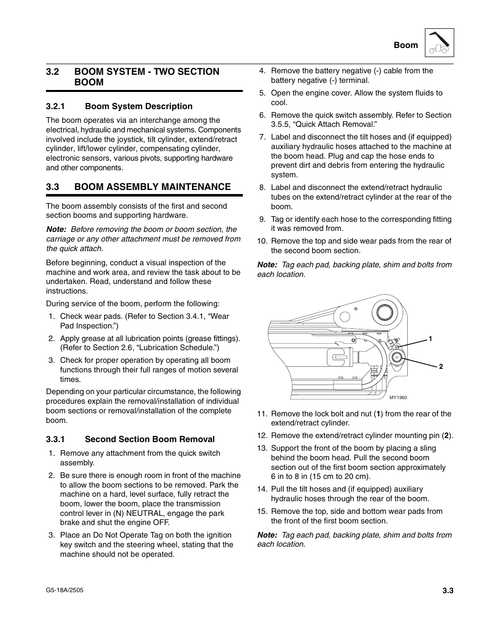 2 boom system - two section boom, 1 boom system description, 3 boom assembly maintenance | 1 second section boom removal, Boom system - two section boom, Boom assembly maintenance, Boom system description, Second section boom removal | JLG G5-18A Service Manual User Manual | Page 23 / 128