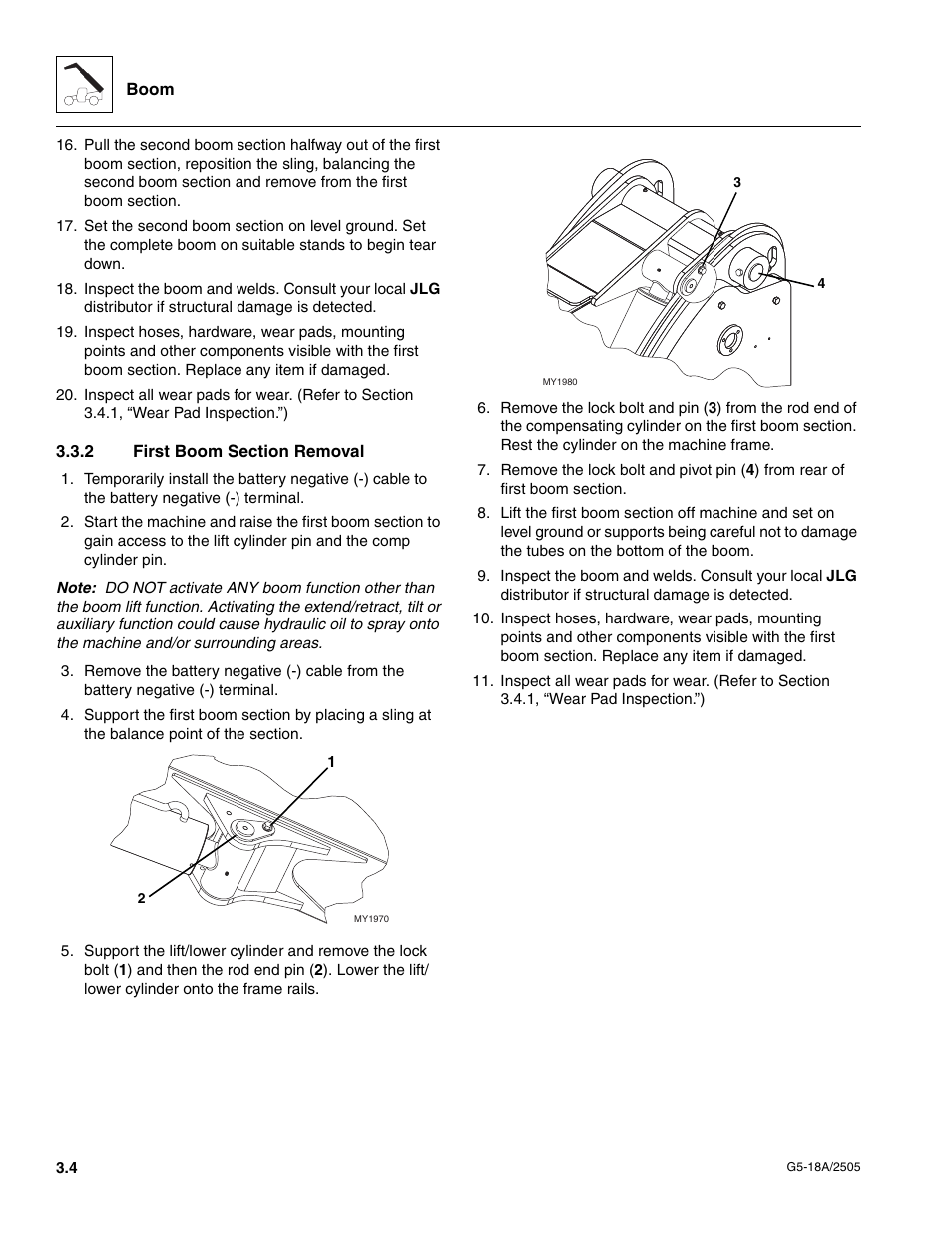 2 first boom section removal, First boom section removal | JLG G5-18A Service Manual User Manual | Page 24 / 128