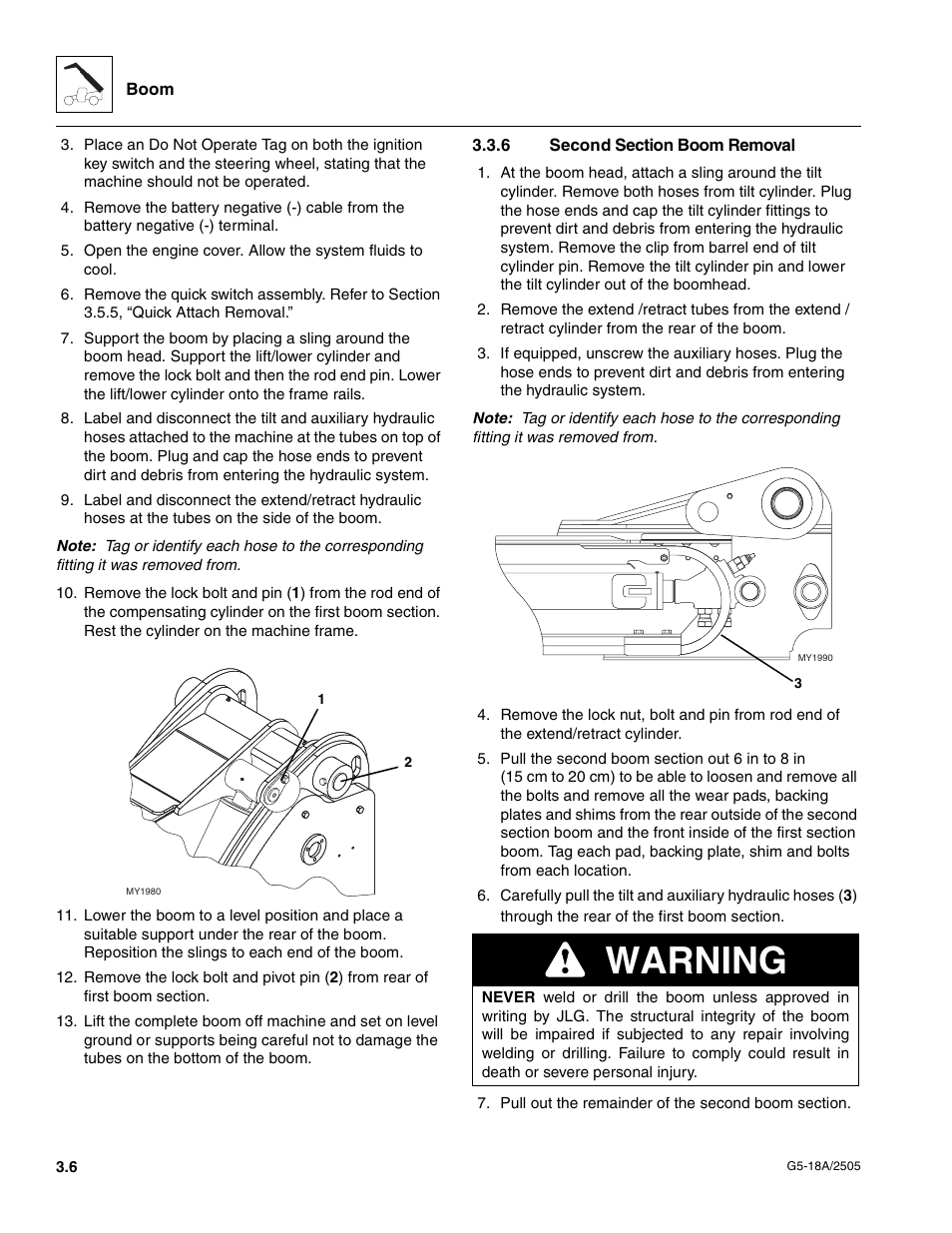 6 second section boom removal, Second section boom removal, Warning | JLG G5-18A Service Manual User Manual | Page 26 / 128