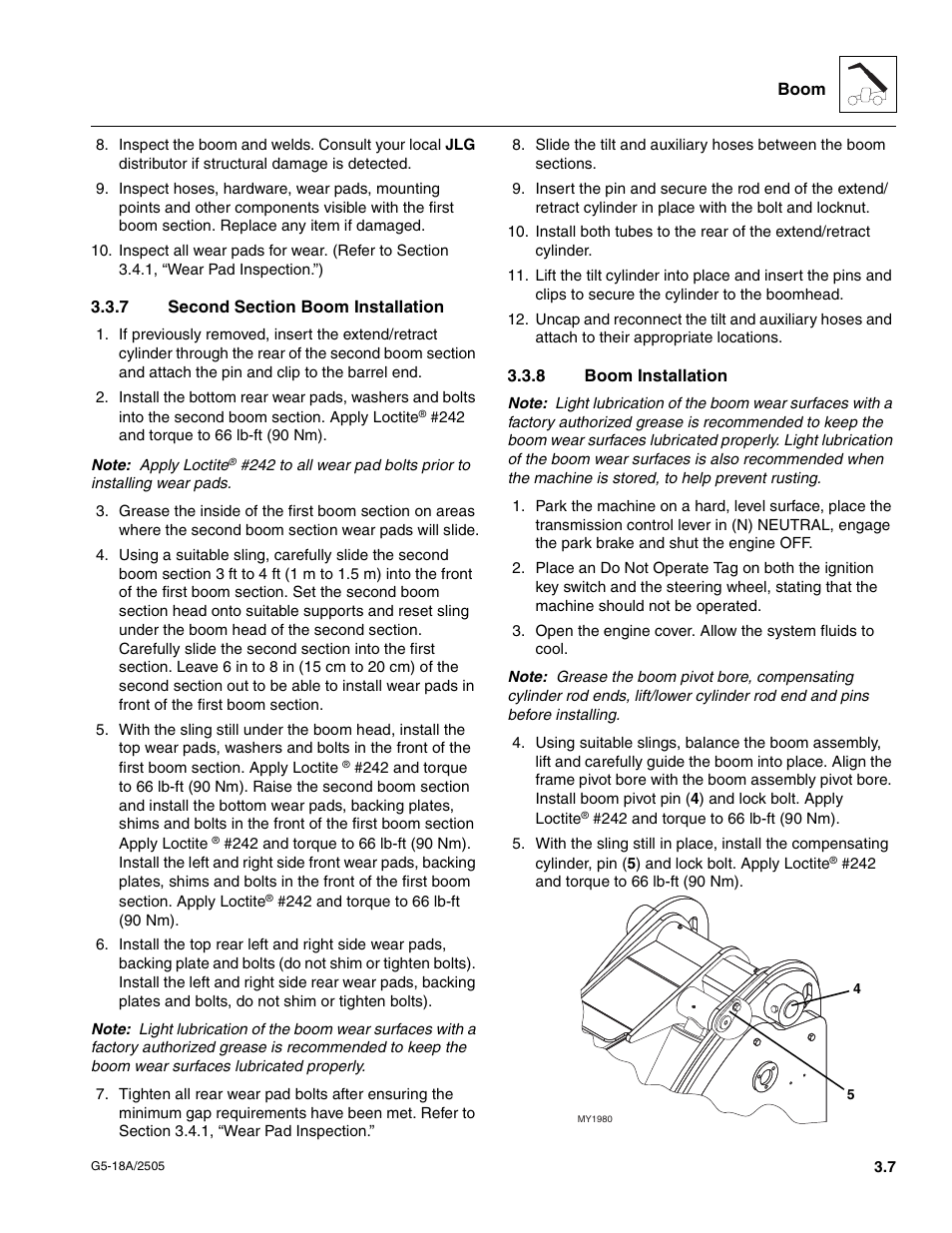 7 second section boom installation, 8 boom installation, Second section boom installation | Boom installation | JLG G5-18A Service Manual User Manual | Page 27 / 128