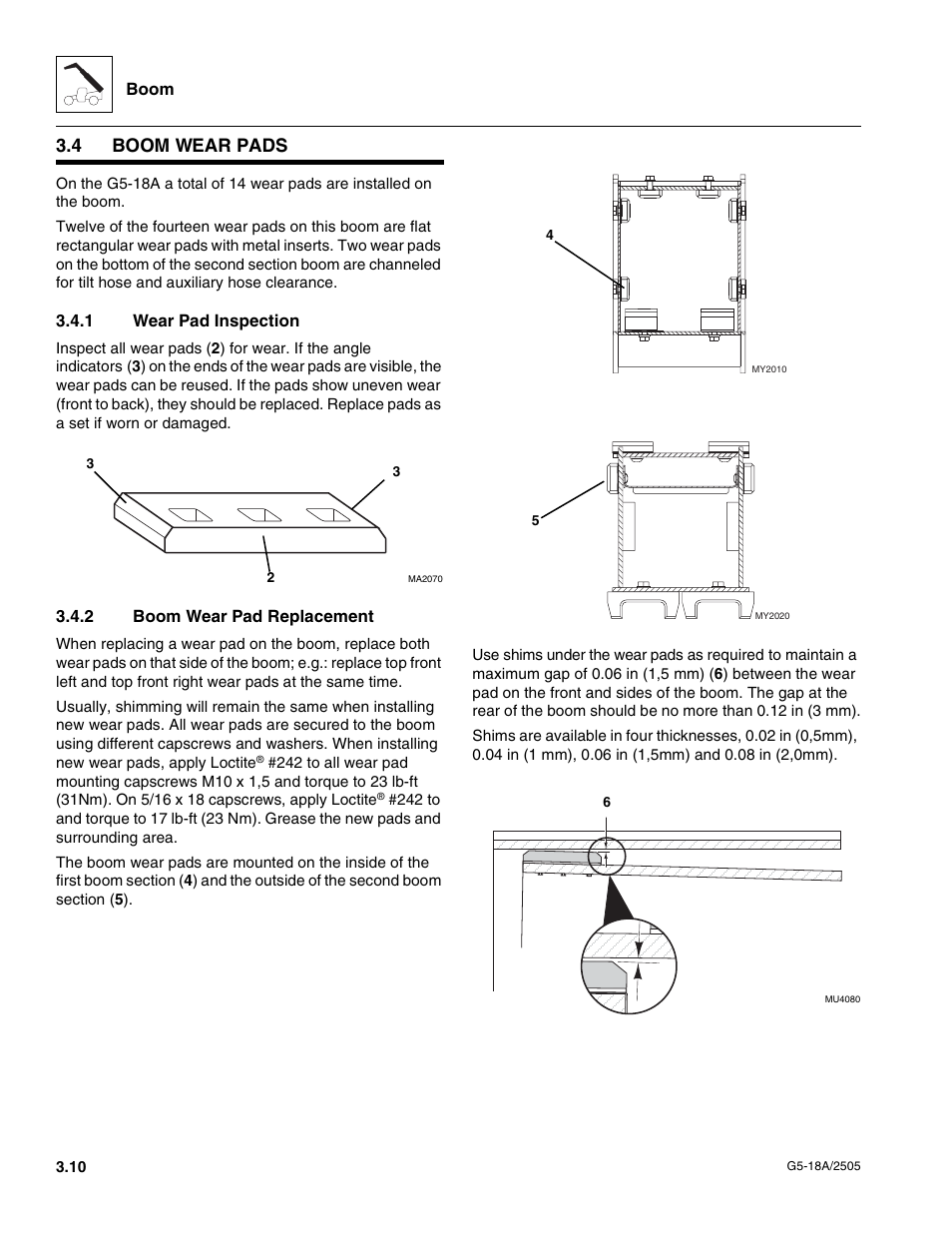 4 boom wear pads, 1 wear pad inspection, 2 boom wear pad replacement | Boom wear pads, Wear pad inspection, Boom wear pad replacement, Section 3.4.1, “wear, Pad inspection, Section, 1, “wear pad inspection | JLG G5-18A Service Manual User Manual | Page 30 / 128