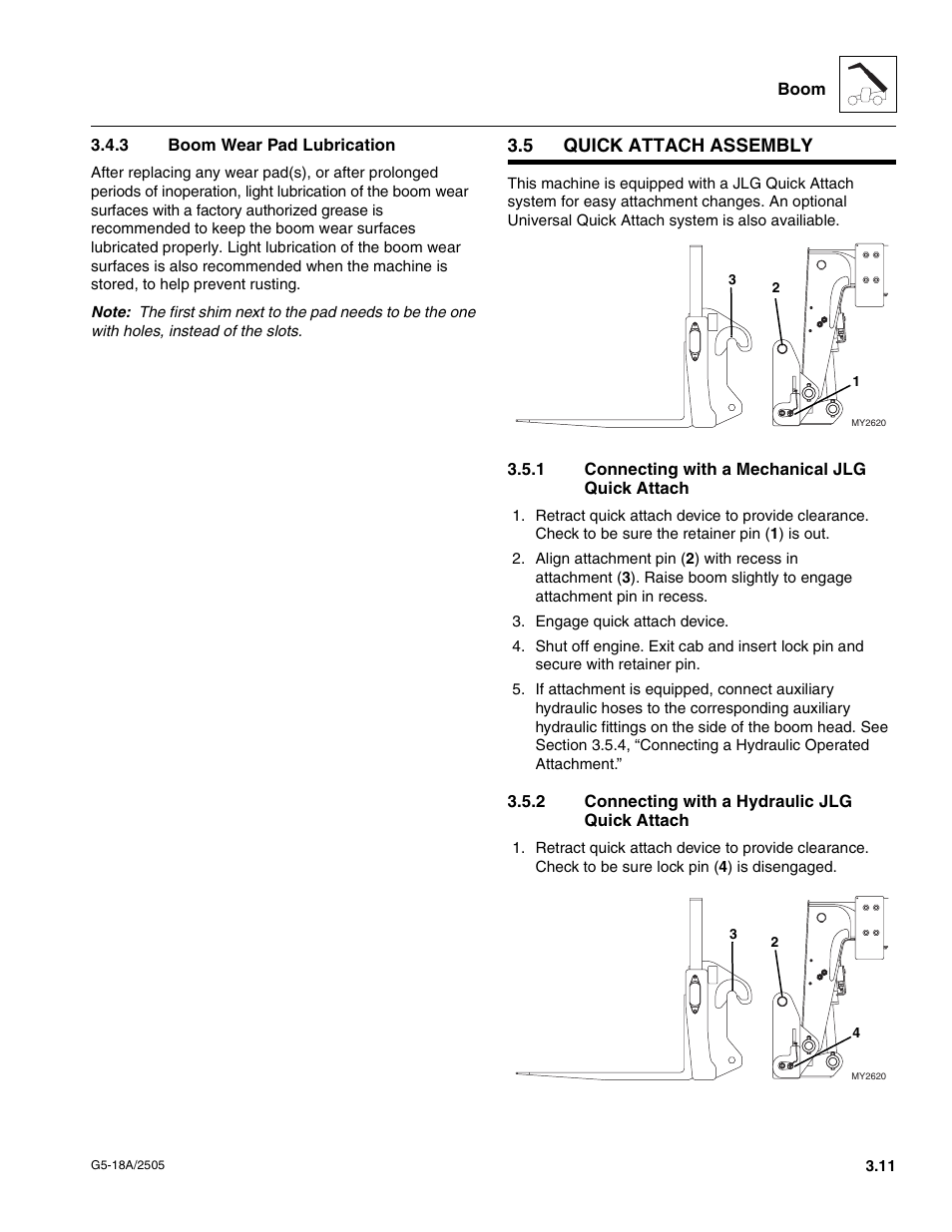 3 boom wear pad lubrication, 5 quick attach assembly, 1 connecting with a mechanical jlg quick attach | 2 connecting with a hydraulic jlg quick attach, Quick attach assembly, Boom wear pad lubrication, Connecting with a mechanical jlg quick attach, Connecting with a hydraulic jlg quick attach | JLG G5-18A Service Manual User Manual | Page 31 / 128