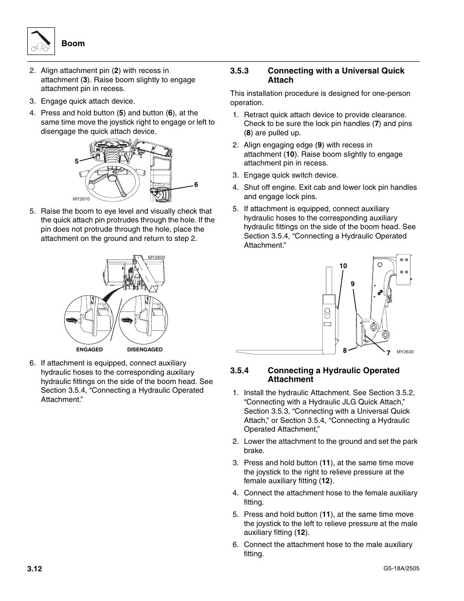 3 connecting with a universal quick attach, 4 connecting a hydraulic operated attachment, Connecting with a universal quick attach | Connecting a hydraulic operated attachment | JLG G5-18A Service Manual User Manual | Page 32 / 128