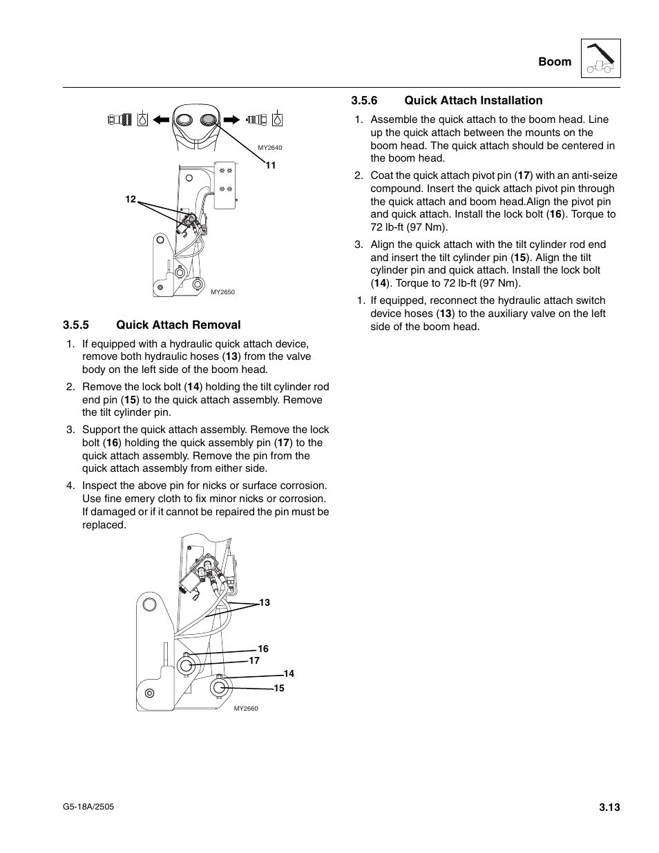 5 quick attach removal, 6 quick attach installation, Quick attach removal | Quick attach installation, Section, 5, “quick attach removal | JLG G5-18A Service Manual User Manual | Page 33 / 128
