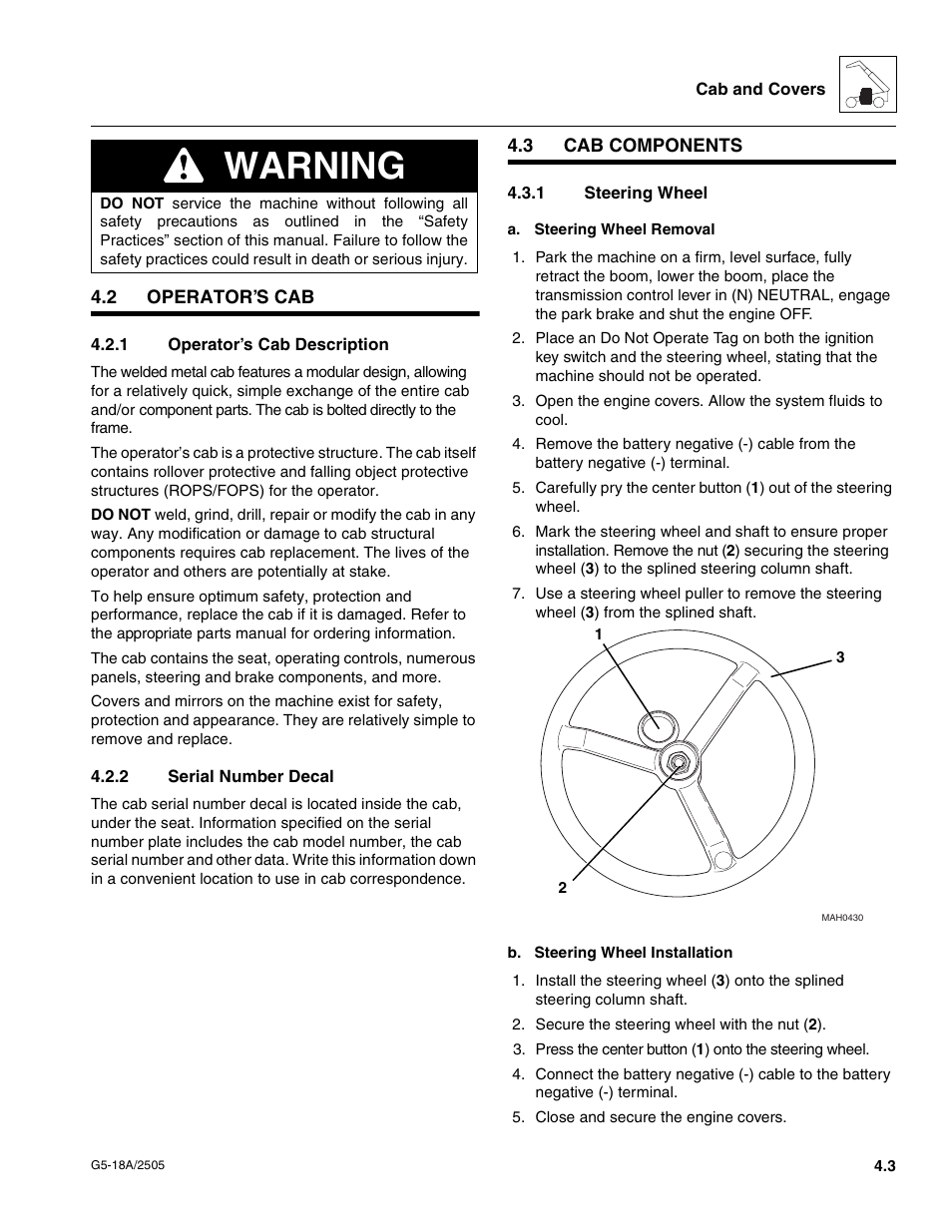 2 operator’s cab, 1 operator’s cab description, 2 serial number decal | 3 cab components, 1 steering wheel, Operator’s cab, Cab components, Operator’s cab description, Serial number decal, Steering wheel | JLG G5-18A Service Manual User Manual | Page 39 / 128