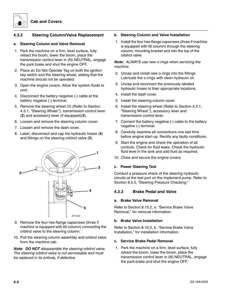 2 steering column/valve replacement, 3 brake pedal and valve, Steering column/valve replacement | Brake pedal and valve | JLG G5-18A Service Manual User Manual | Page 40 / 128