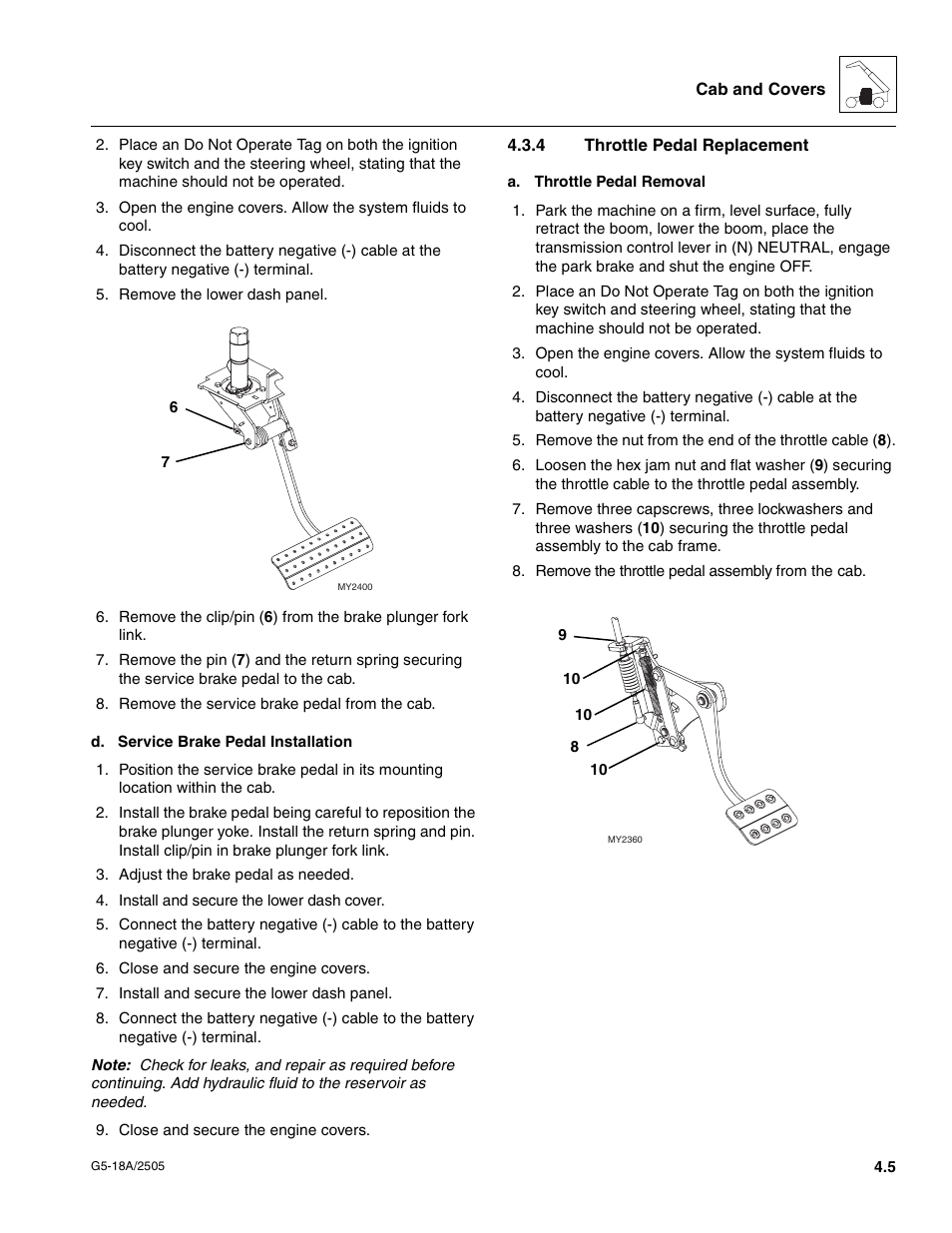 4 throttle pedal replacement, Throttle pedal replacement | JLG G5-18A Service Manual User Manual | Page 41 / 128