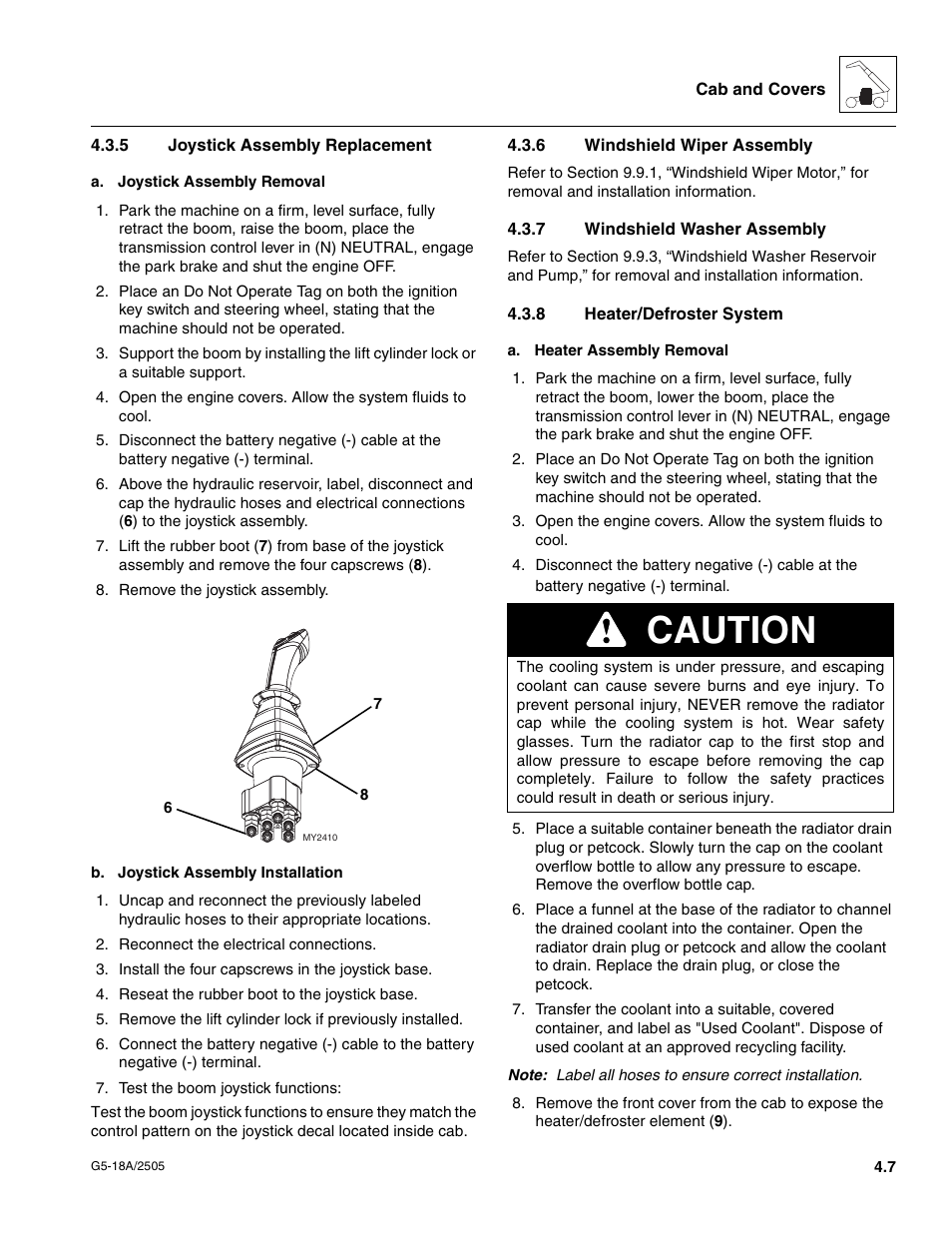 5 joystick assembly replacement, 6 windshield wiper assembly, 7 windshield washer assembly | 8 heater/defroster system, Joystick assembly replacement, Windshield wiper assembly, Windshield washer assembly, Heater/defroster system, Caution | JLG G5-18A Service Manual User Manual | Page 43 / 128