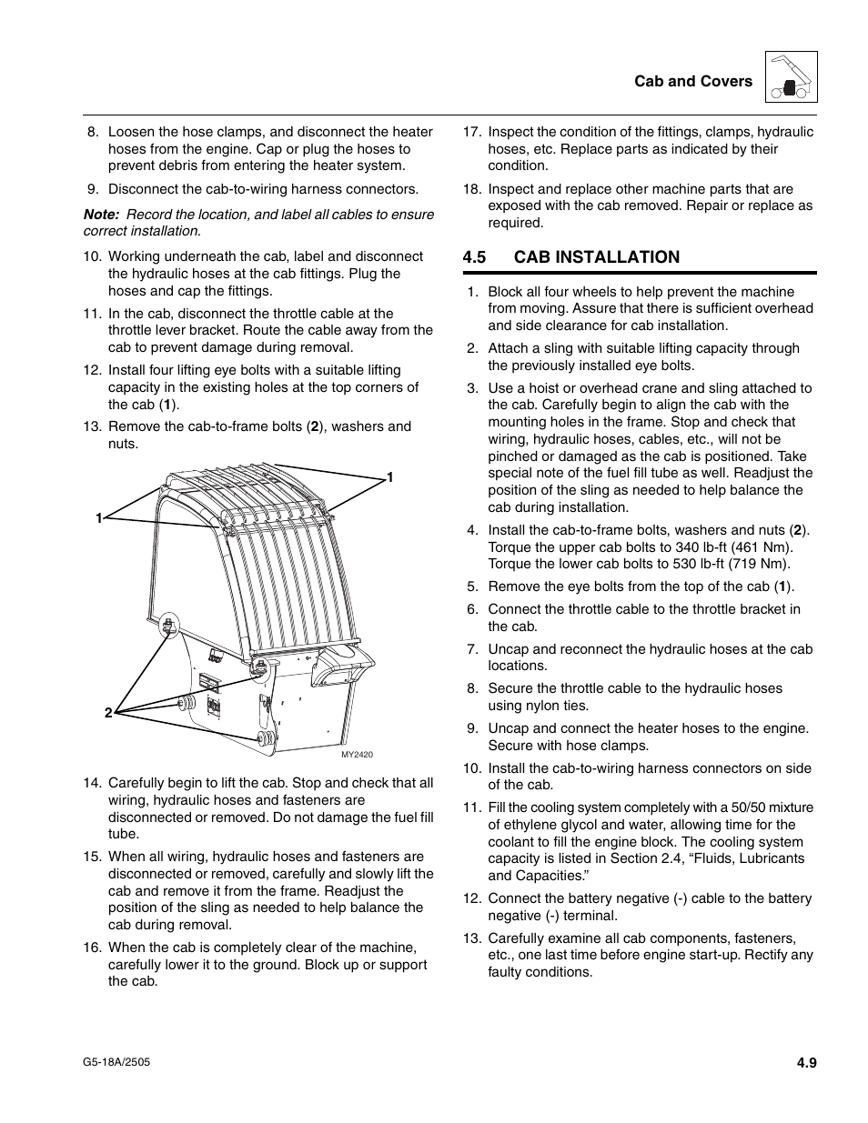 5 cab installation, Cab installation | JLG G5-18A Service Manual User Manual | Page 45 / 128