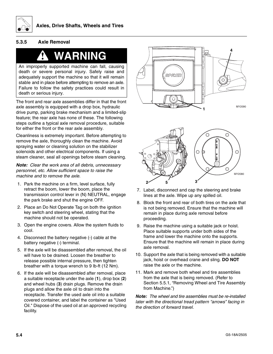 5 axle removal, Axle removal, Warning | JLG G5-18A Service Manual User Manual | Page 50 / 128