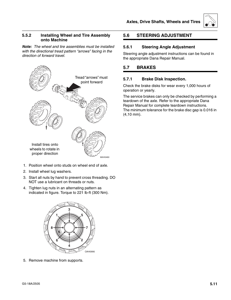 2 installing wheel and tire assembly onto machine, 6 steering adjustment, 1 steering angle adjustment | 7 brakes, 1 brake disk inspection, Steering adjustment, Brakes, Installing wheel and tire assembly onto machine, Steering angle adjustment, Brake disk inspection | JLG G5-18A Service Manual User Manual | Page 57 / 128