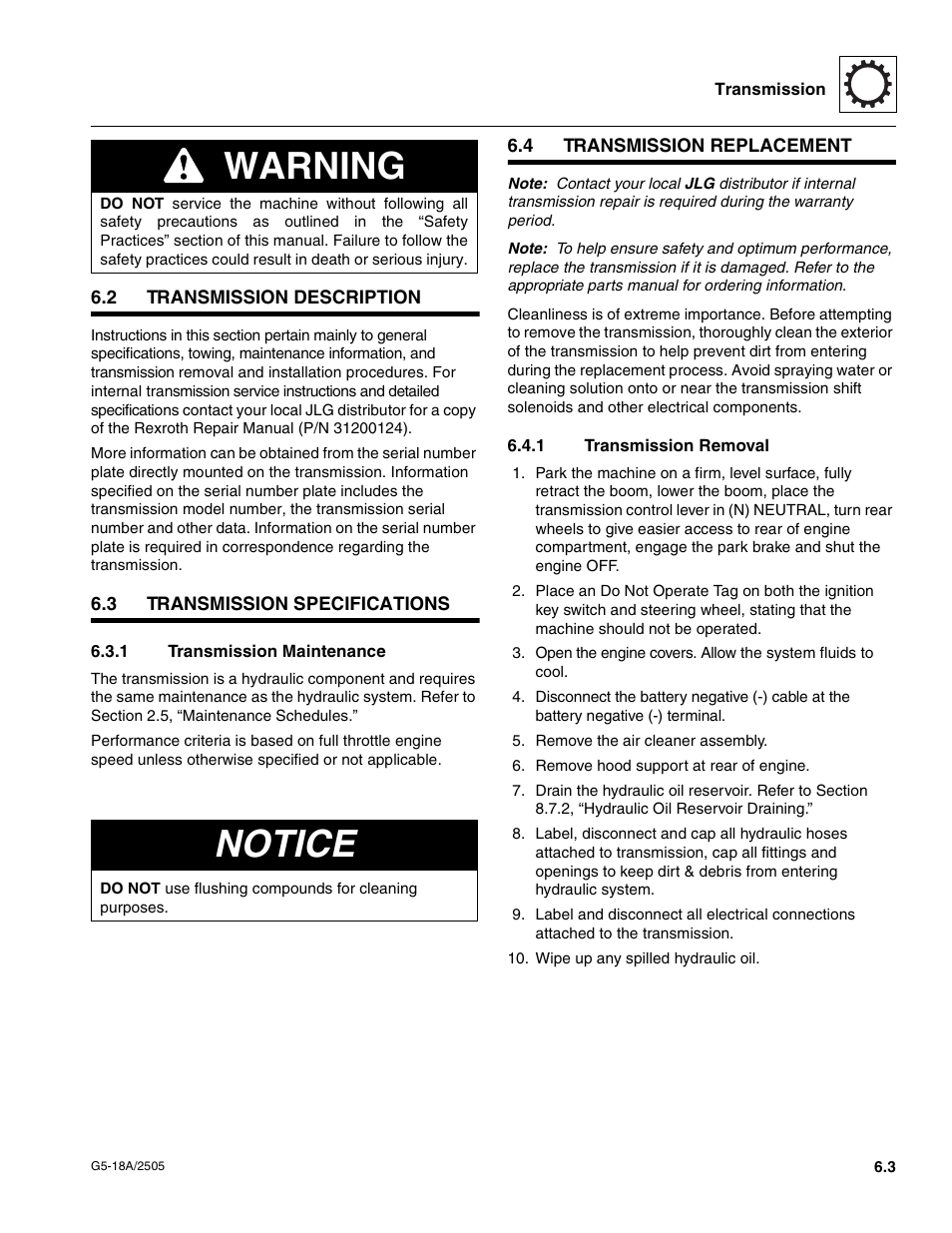 2 transmission description, 3 transmission specifications, 1 transmission maintenance | 4 transmission replacement, 1 transmission removal, Transmission description, Transmission specifications, Transmission replacement, Transmission maintenance, Transmission removal | JLG G5-18A Service Manual User Manual | Page 61 / 128