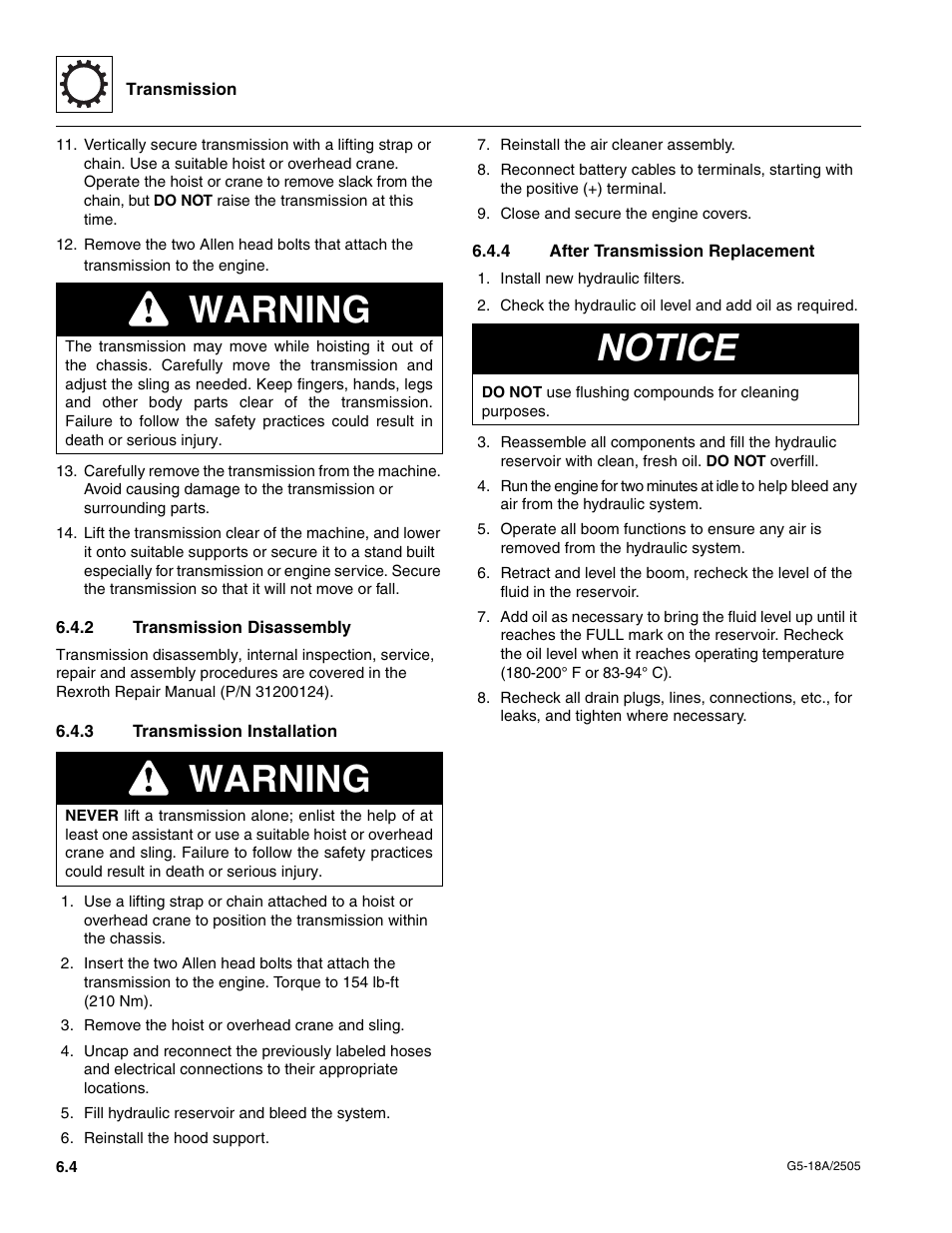 2 transmission disassembly, 3 transmission installation, 4 after transmission replacement | Transmission disassembly, Transmission installation, After transmission replacement, Warning, Notice | JLG G5-18A Service Manual User Manual | Page 62 / 128
