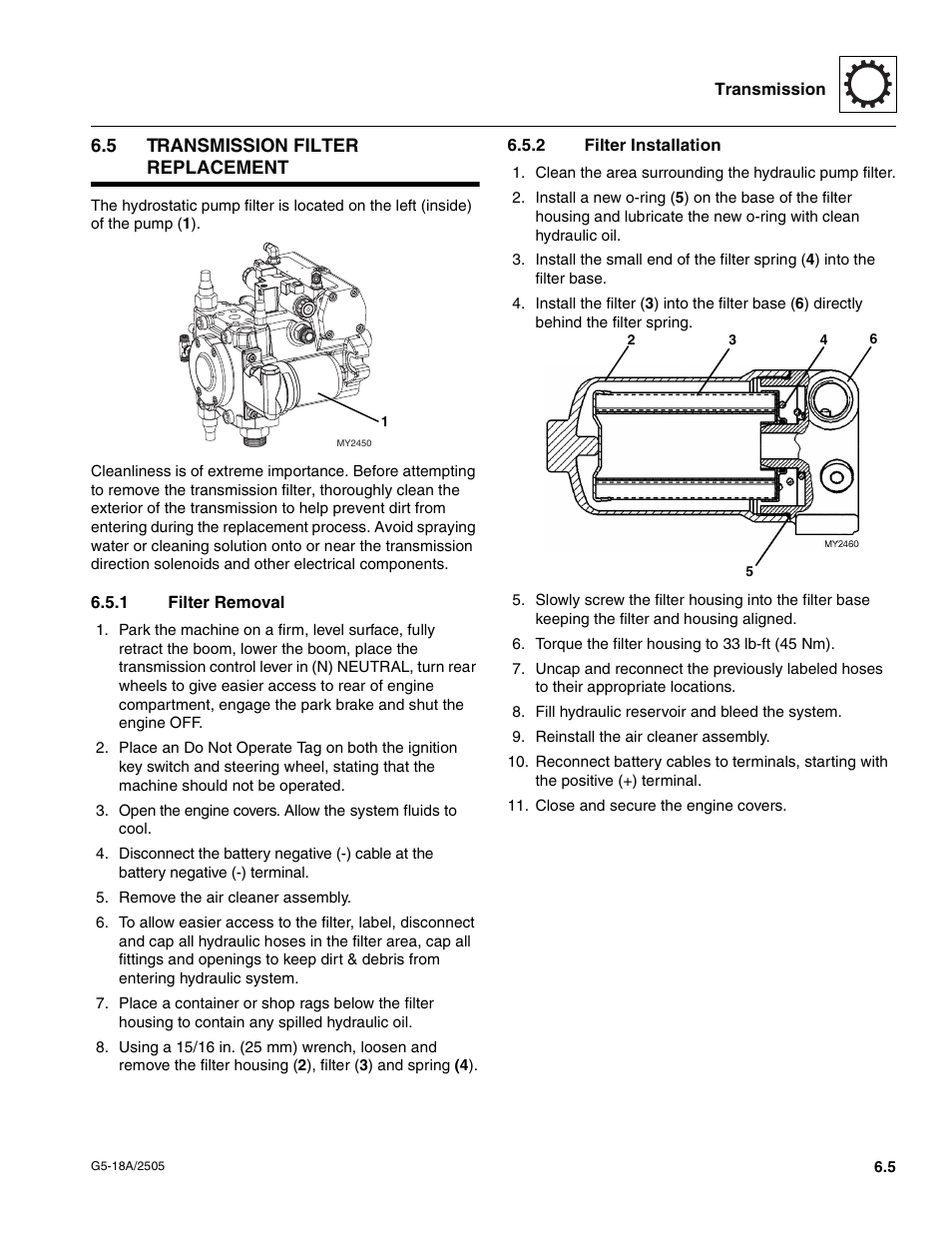 5 transmission filter replacement, 1 filter removal, 2 filter installation | Transmission filter replacement, Filter removal, Filter installation | JLG G5-18A Service Manual User Manual | Page 63 / 128