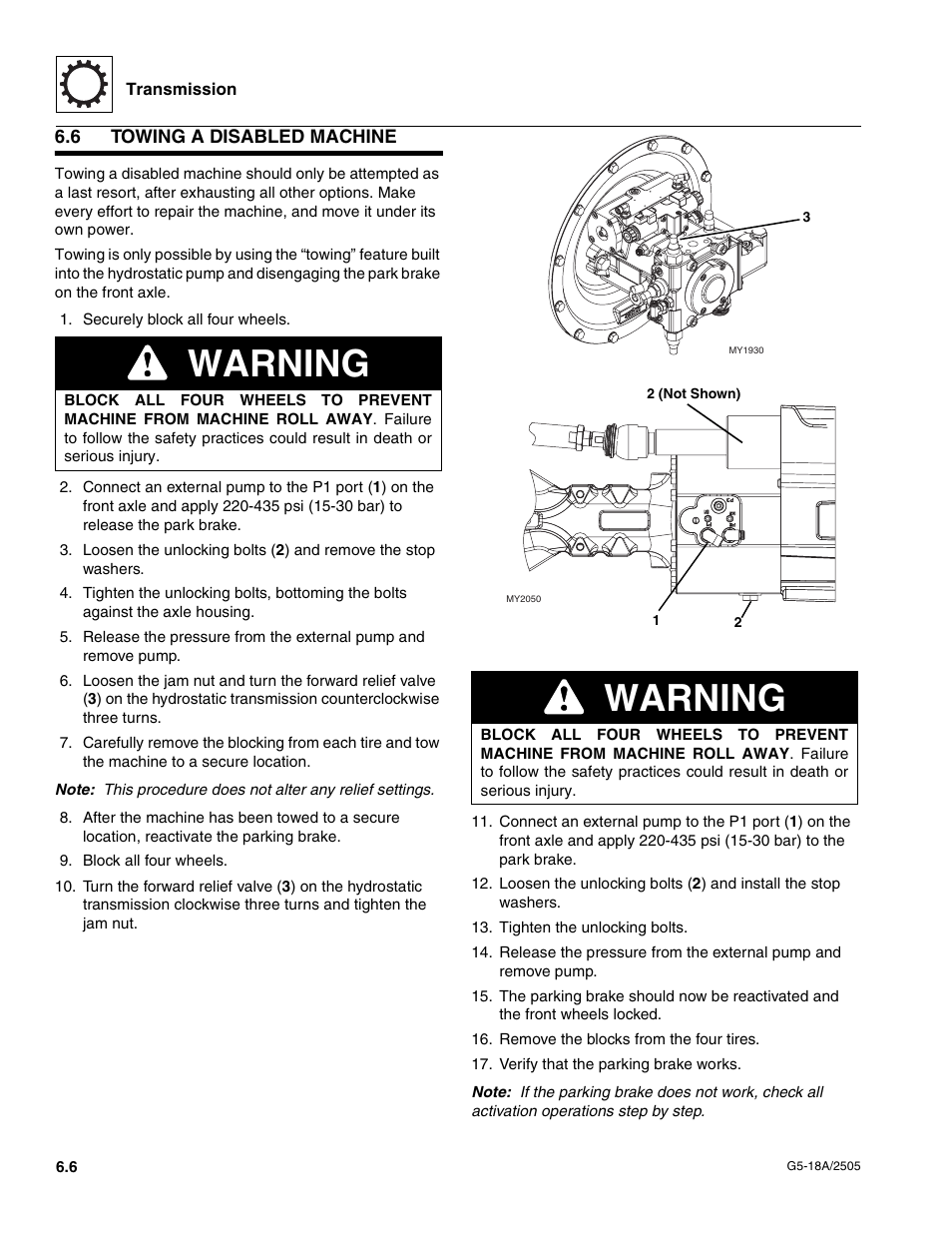 6 towing a disabled machine, Towing a disabled machine, Warning | JLG G5-18A Service Manual User Manual | Page 64 / 128