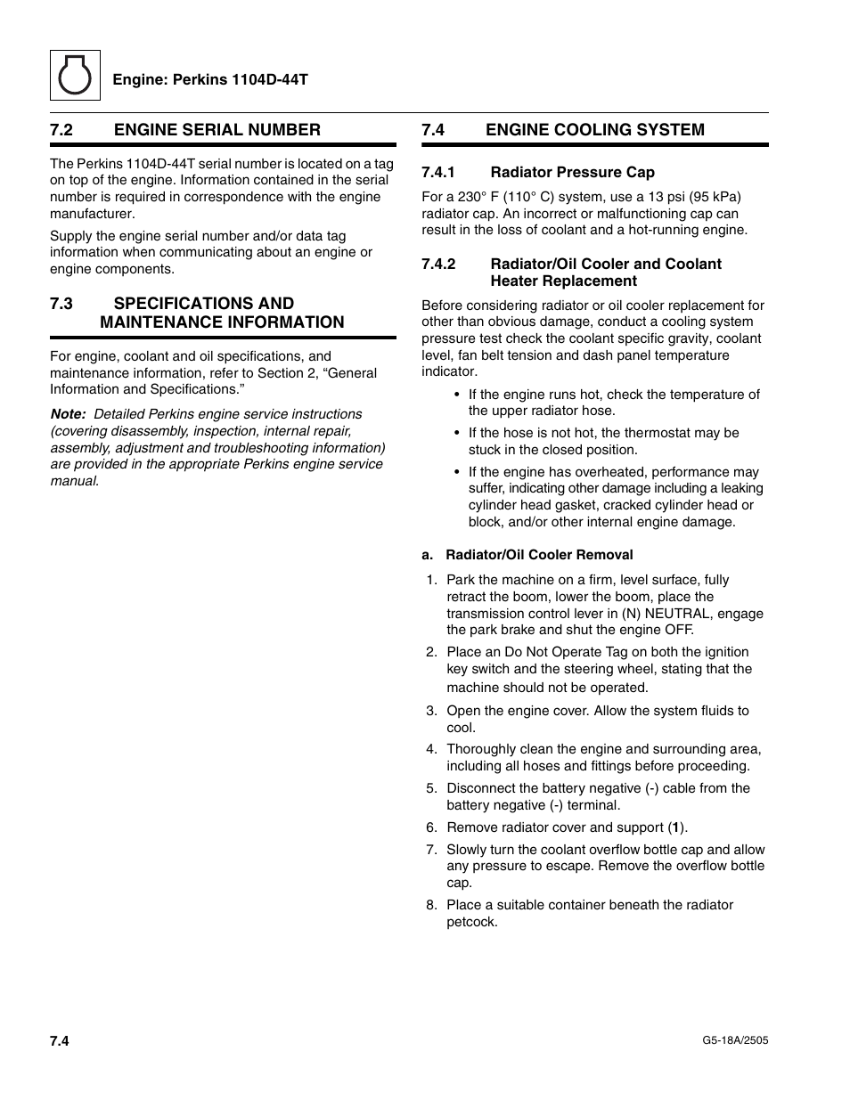2 engine serial number, 3 specifications and maintenance information, 4 engine cooling system | 1 radiator pressure cap, Engine serial number, Specifications and maintenance information, Engine cooling system, Radiator pressure cap, Radiator/oil cooler and coolant heater replacement | JLG G5-18A Service Manual User Manual | Page 68 / 128