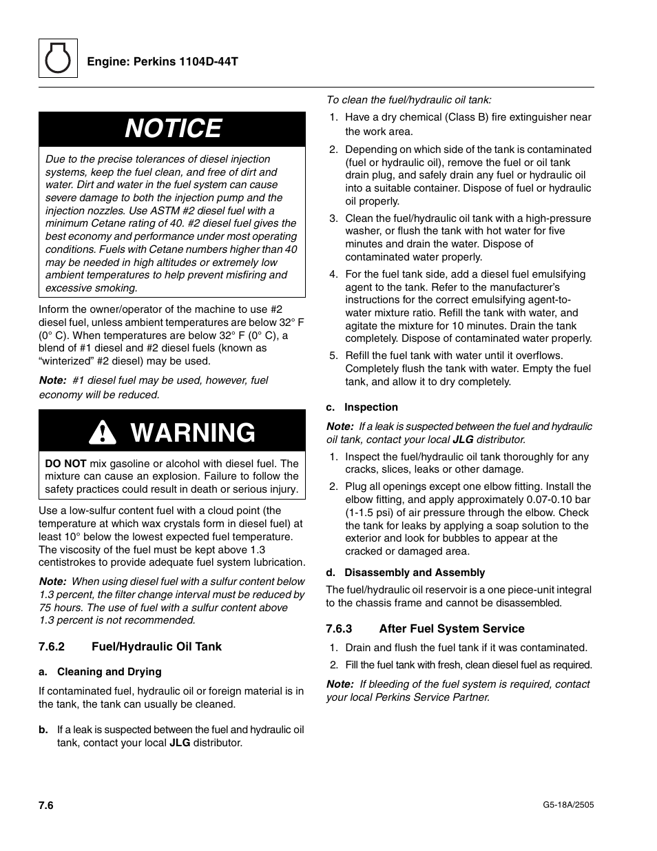 2 fuel/hydraulic oil tank, 3 after fuel system service, Fuel/hydraulic oil tank | After fuel system service, Notice, Warning | JLG G5-18A Service Manual User Manual | Page 70 / 128