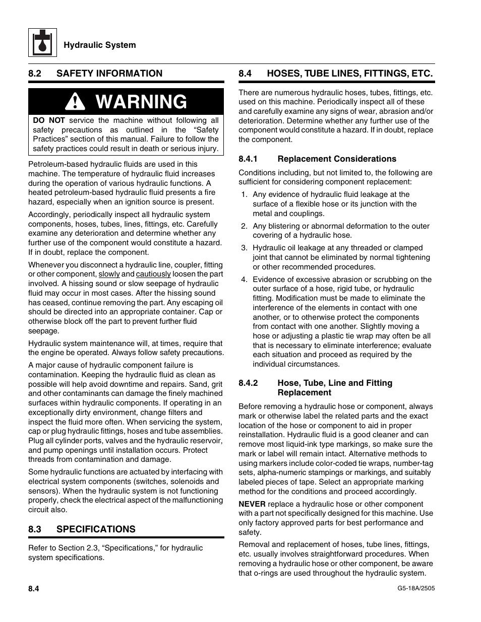 2 safety information, 3 specifications, 4 hoses, tube lines, fittings, etc | 1 replacement considerations, 2 hose, tube, line and fitting replacement, Safety information, Specifications, Hoses, tube lines, fittings, etc, Replacement considerations, Hose, tube, line and fitting replacement | JLG G5-18A Service Manual User Manual | Page 78 / 128