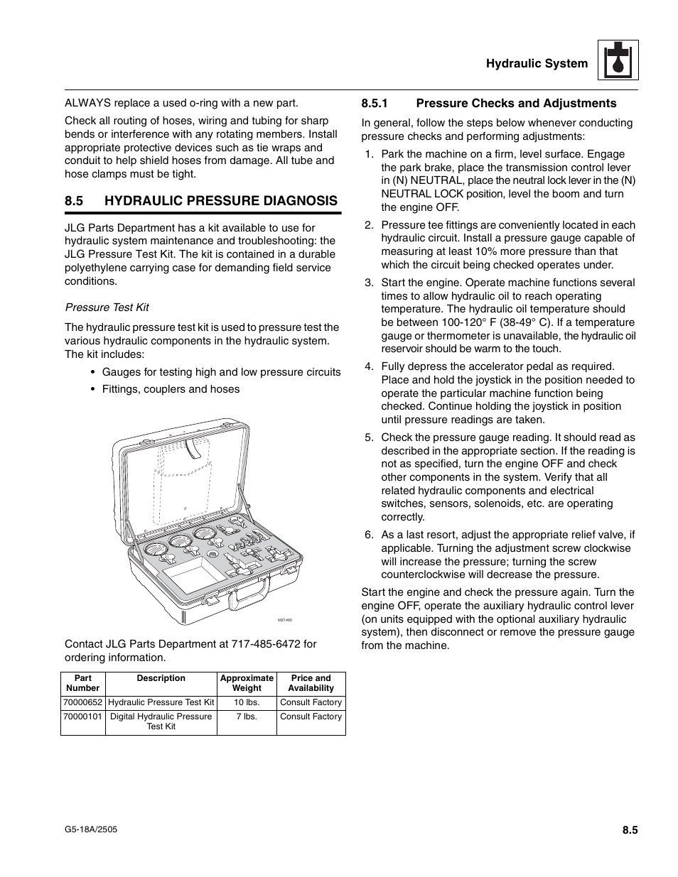 5 hydraulic pressure diagnosis, 1 pressure checks and adjustments, Hydraulic pressure diagnosis | Pressure checks and adjustments | JLG G5-18A Service Manual User Manual | Page 79 / 128