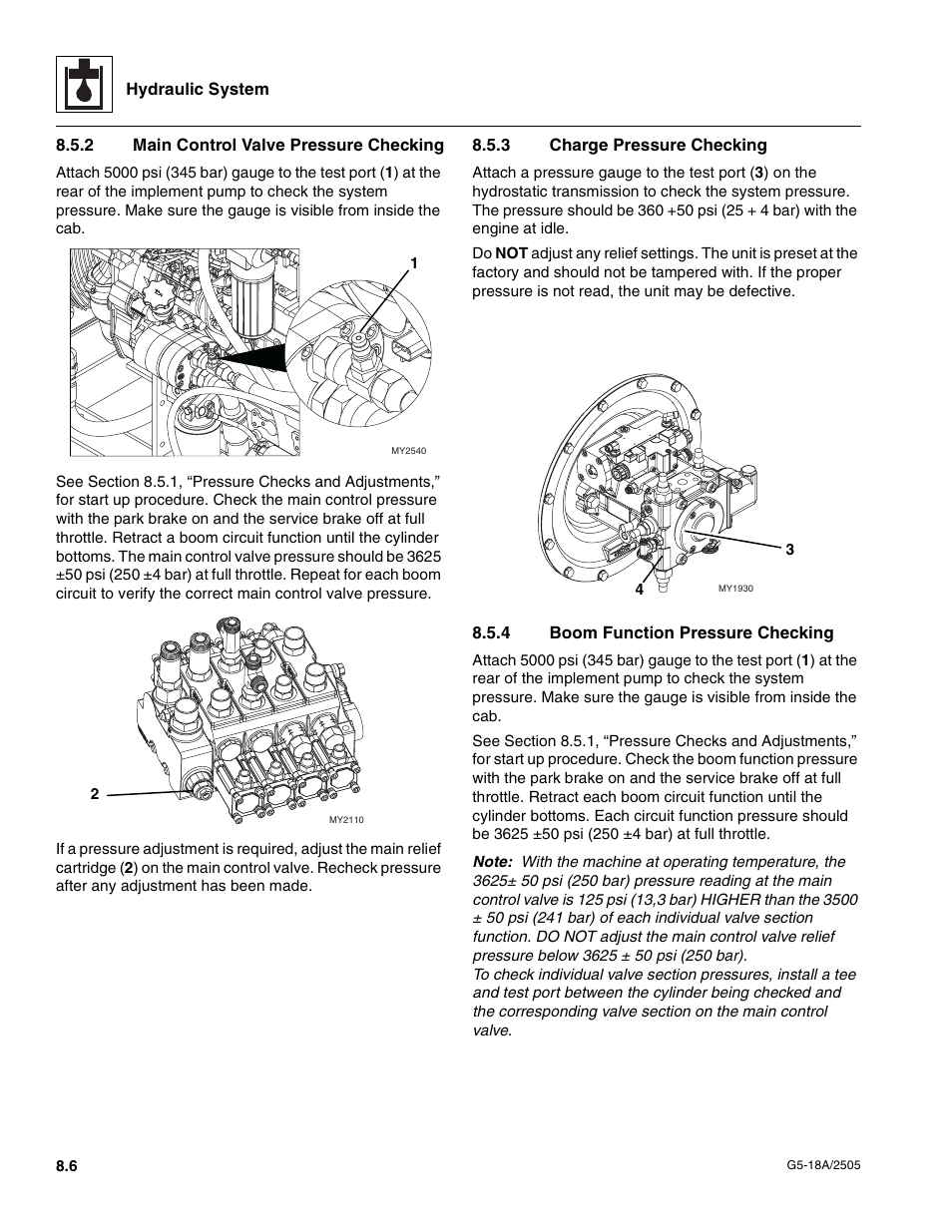 2 main control valve pressure checking, 3 charge pressure checking, 4 boom function pressure checking | Main control valve pressure checking, Charge pressure checking, Boom function pressure checking | JLG G5-18A Service Manual User Manual | Page 80 / 128