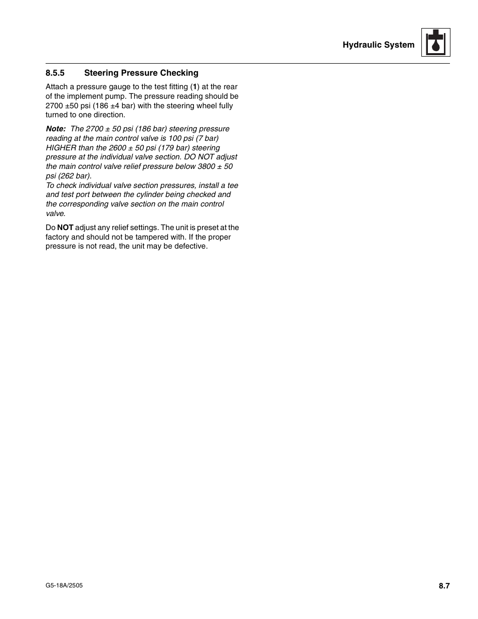 5 steering pressure checking, Section 8.5.5, “steering pressure checking, Steering pressure checking | JLG G5-18A Service Manual User Manual | Page 81 / 128