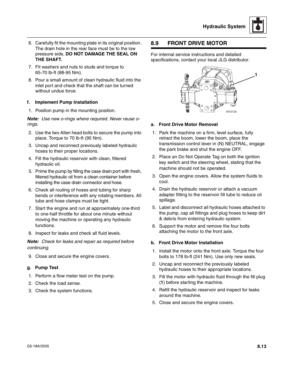 9 front drive motor, Front drive motor | JLG G5-18A Service Manual User Manual | Page 87 / 128