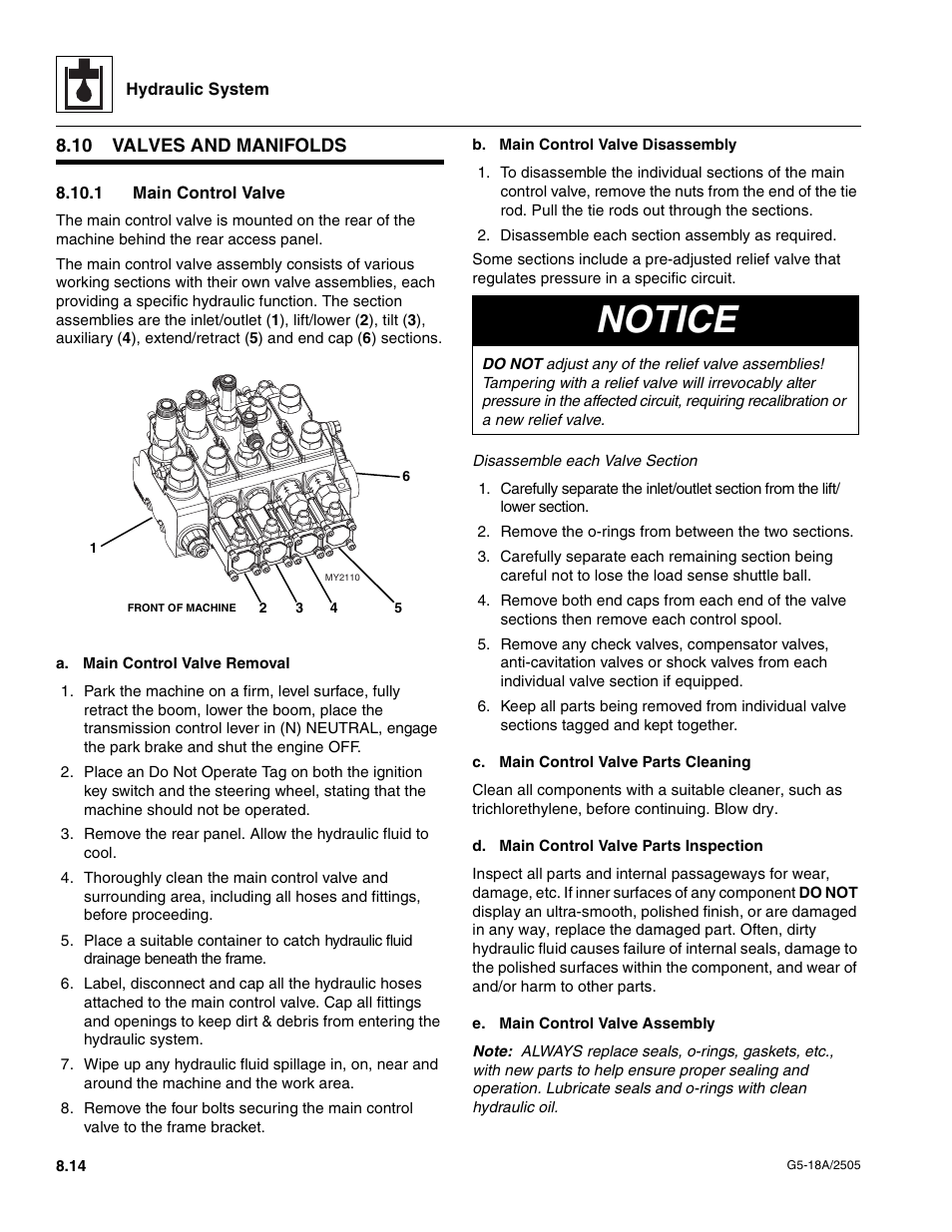 10 valves and manifolds, 1 main control valve, Valves and manifolds | Main control valve, Notice | JLG G5-18A Service Manual User Manual | Page 88 / 128