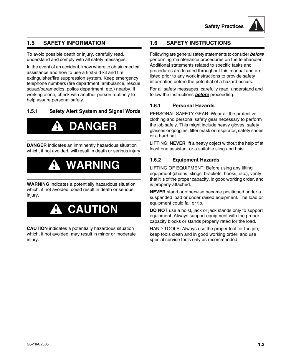 5 safety information, 1 safety alert system and signal words, 6 safety instructions | 1 personal hazards, 2 equipment hazards, Safety information, Safety instructions, Safety alert system and signal words, Personal hazards, Equipment hazards | JLG G5-18A Service Manual User Manual | Page 9 / 128