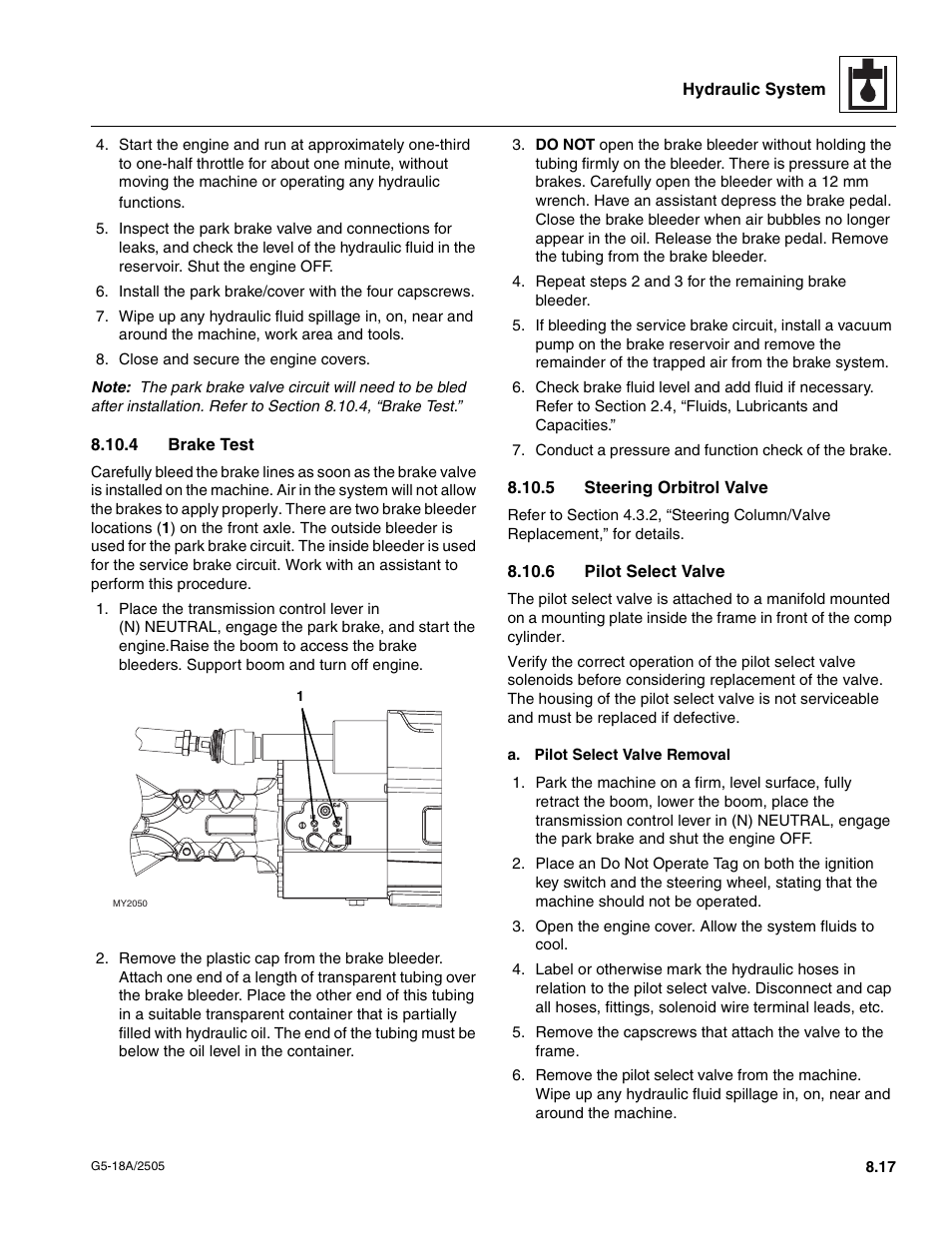 4 brake test, 5 steering orbitrol valve, 6 pilot select valve | To section 8.10.4, “brake test,” f, Brake test, Steering orbitrol valve, Pilot select valve | JLG G5-18A Service Manual User Manual | Page 91 / 128