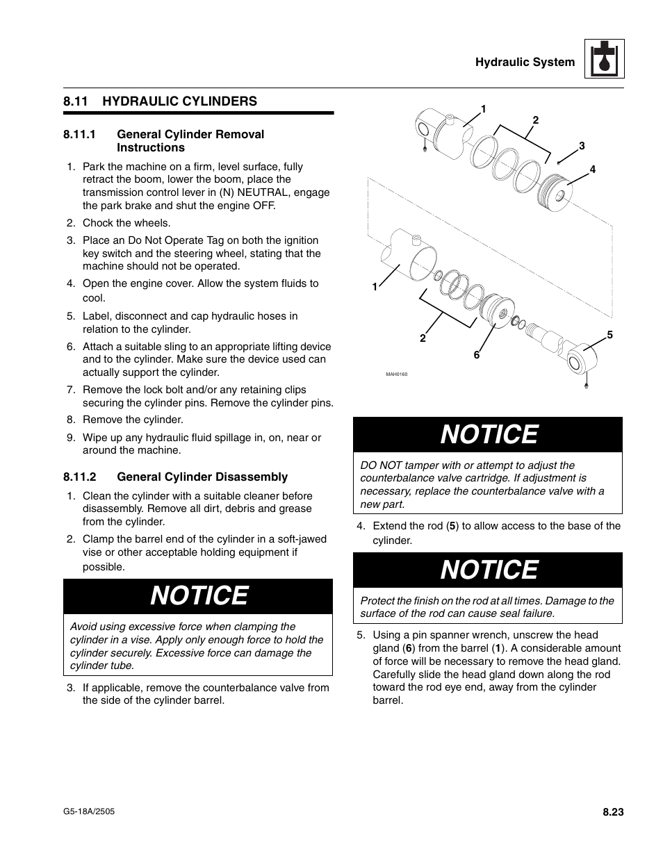 11 hydraulic cylinders, 1 general cylinder removal instructions, 2 general cylinder disassembly | Hydraulic cylinders, General cylinder removal instructions, General cylinder disassembly, Notice | JLG G5-18A Service Manual User Manual | Page 97 / 128