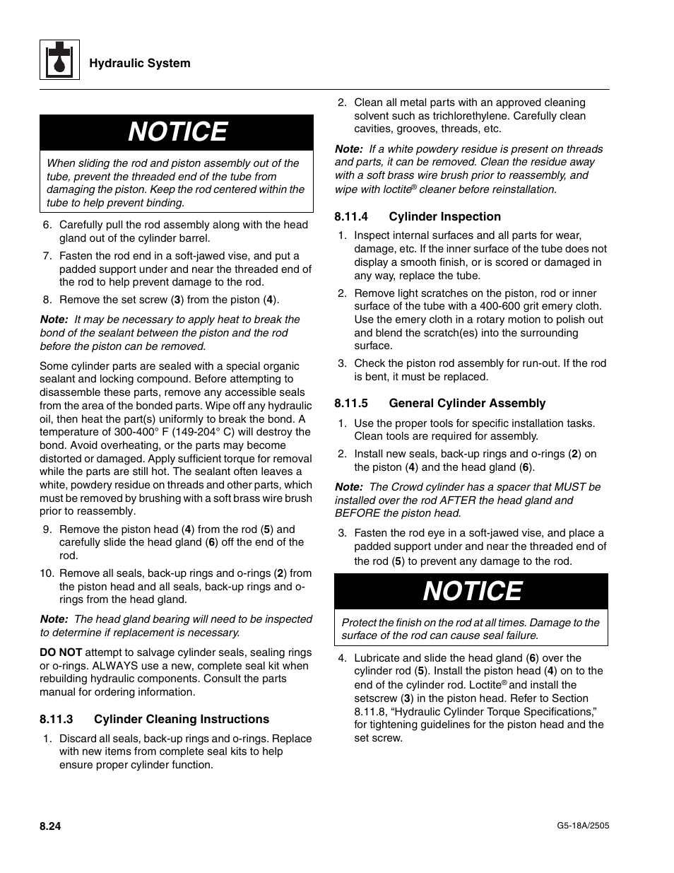 3 cylinder cleaning instructions, 4 cylinder inspection, 5 general cylinder assembly | Section, 4, “cylinder inspection.”), Section 8.11.4, “cylinder inspection.”), Cylinder cleaning instructions, Cylinder inspection, General cylinder assembly, Notice | JLG G5-18A Service Manual User Manual | Page 98 / 128