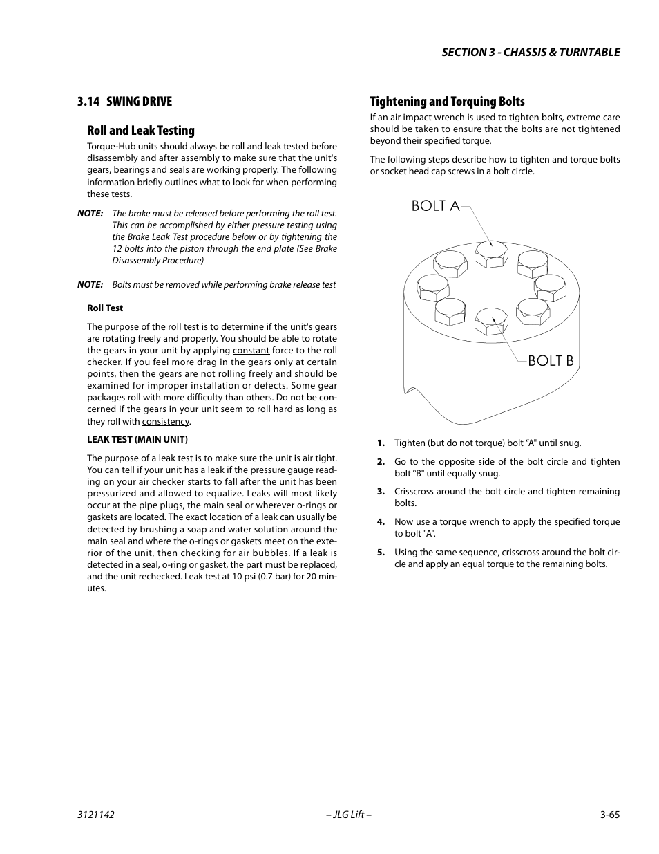 14 swing drive, Roll and leak testing, Tightening and torquing bolts | Swing drive -65, 14 swing drive roll and leak testing | JLG 1350SJP Service Manual User Manual | Page 111 / 554