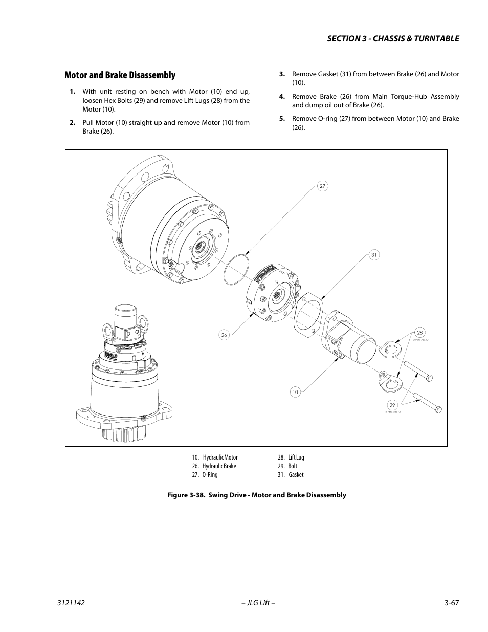 Motor and brake disassembly, Motor and brake disassembly -67, Swing drive - motor and brake disassembly -67 | JLG 1350SJP Service Manual User Manual | Page 113 / 554