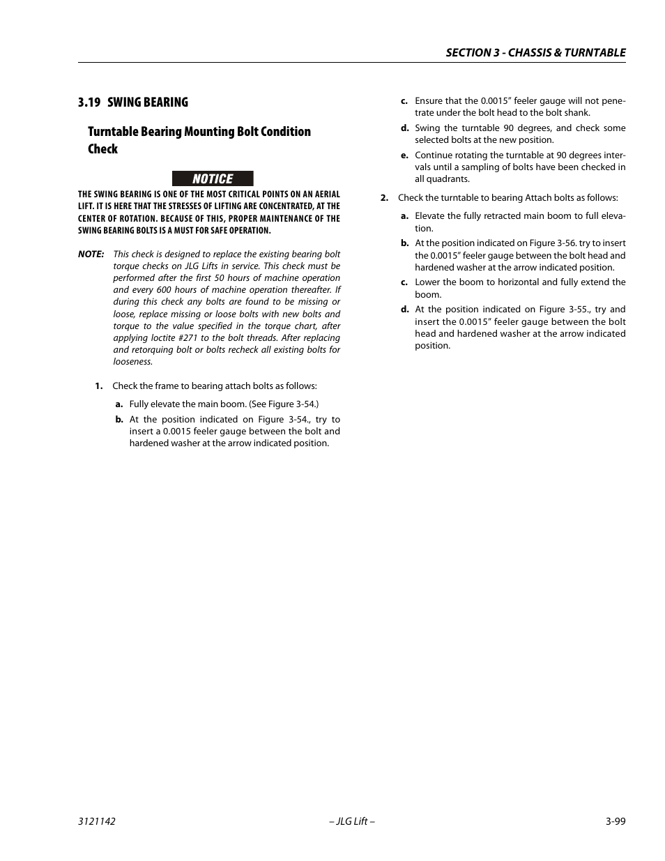 19 swing bearing, Turntable bearing mounting bolt condition check, Swing bearing -99 | JLG 1350SJP Service Manual User Manual | Page 145 / 554