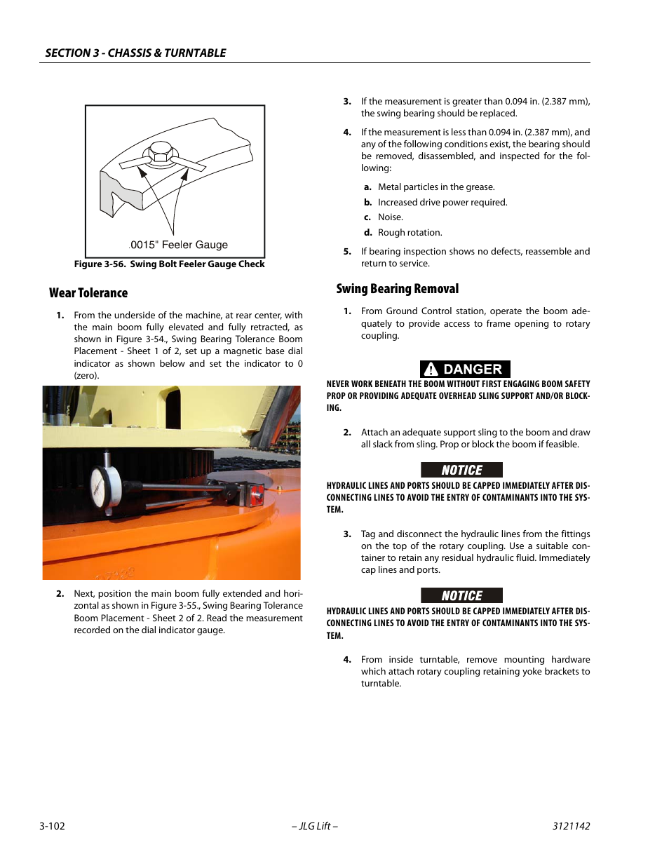 Wear tolerance, Swing bearing removal, Wear tolerance -102 swing bearing removal -102 | Swing bolt feeler gauge check -102, Figure 3-56. tr | JLG 1350SJP Service Manual User Manual | Page 148 / 554