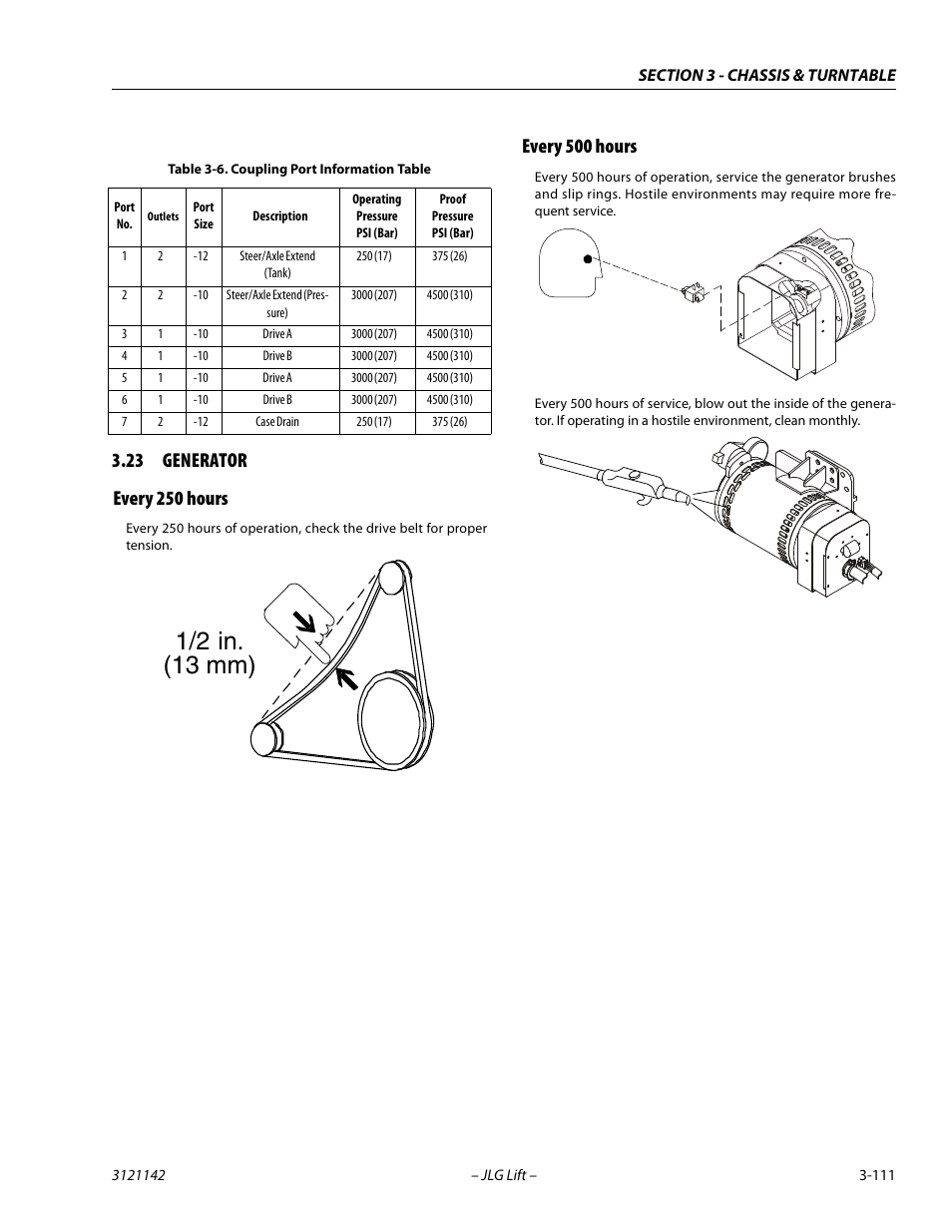 23 generator, Every 250 hours, Every 500 hours | Generator -111, Every 250 hours -111 every 500 hours -111, Coupling port information table -111, 1/2 in. (13 mm) | JLG 1350SJP Service Manual User Manual | Page 157 / 554