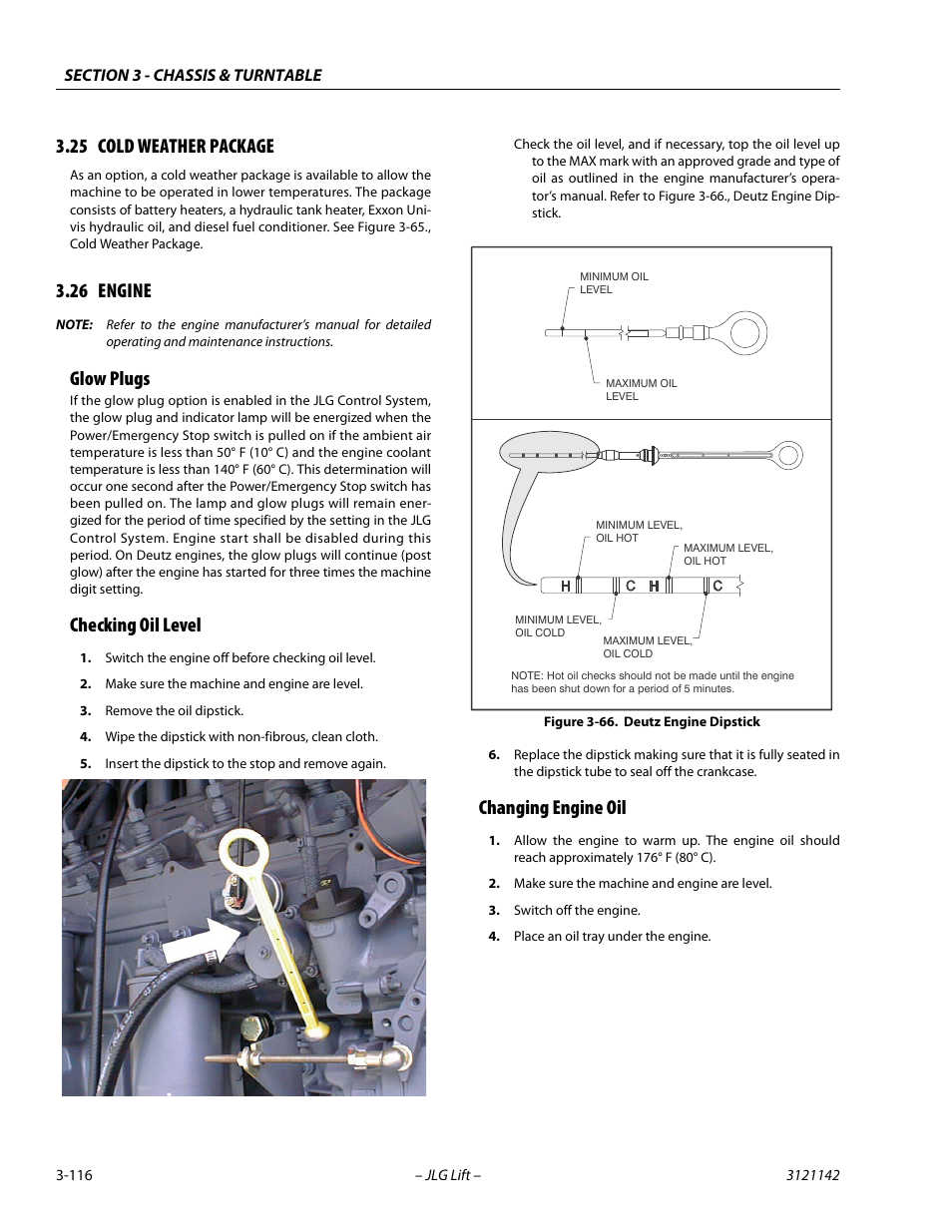 25 cold weather package, 26 engine, Glow plugs | Checking oil level, Changing engine oil, Cold weather package -116, Engine -116, Deutz engine dipstick -116 | JLG 1350SJP Service Manual User Manual | Page 162 / 554
