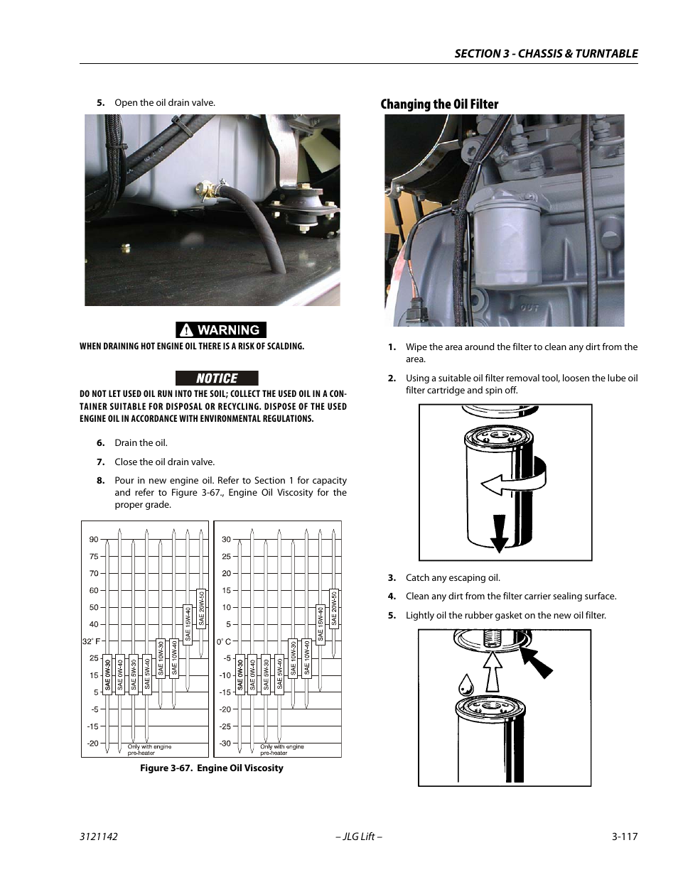 Changing the oil filter, Changing the oil filter -117, Engine oil viscosity -117 | JLG 1350SJP Service Manual User Manual | Page 163 / 554