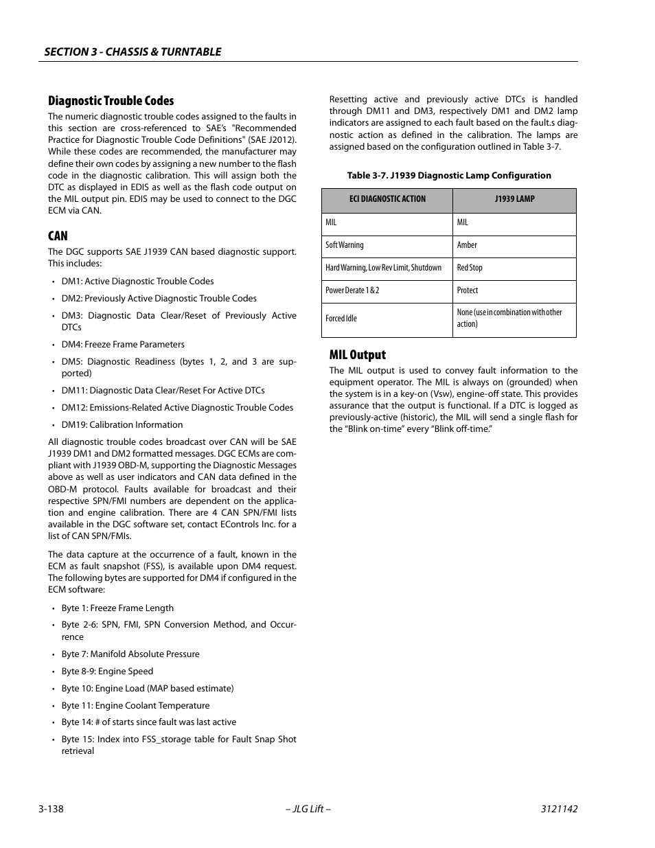 Diagnostic trouble codes, Mil output, J1939 diagnostic lamp configuration -138 | JLG 1350SJP Service Manual User Manual | Page 184 / 554
